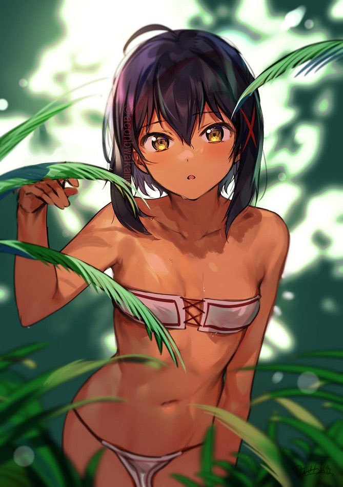 black hair, breasts, female, short hair, small breasts, tan body, tan skin, tribal