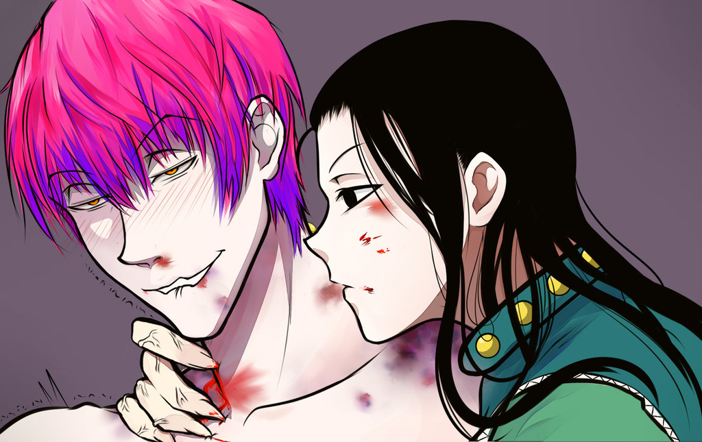 2boys biting_lip black_hair blood clothing clown_boy colored_hair gay ginsengjar hisoka_morow hunter_x_hunter illumi_zoldyck long_hair long_hair_male male male_only multiple_boys no_sex pink_hair purple_hair sharp_nails yaoi