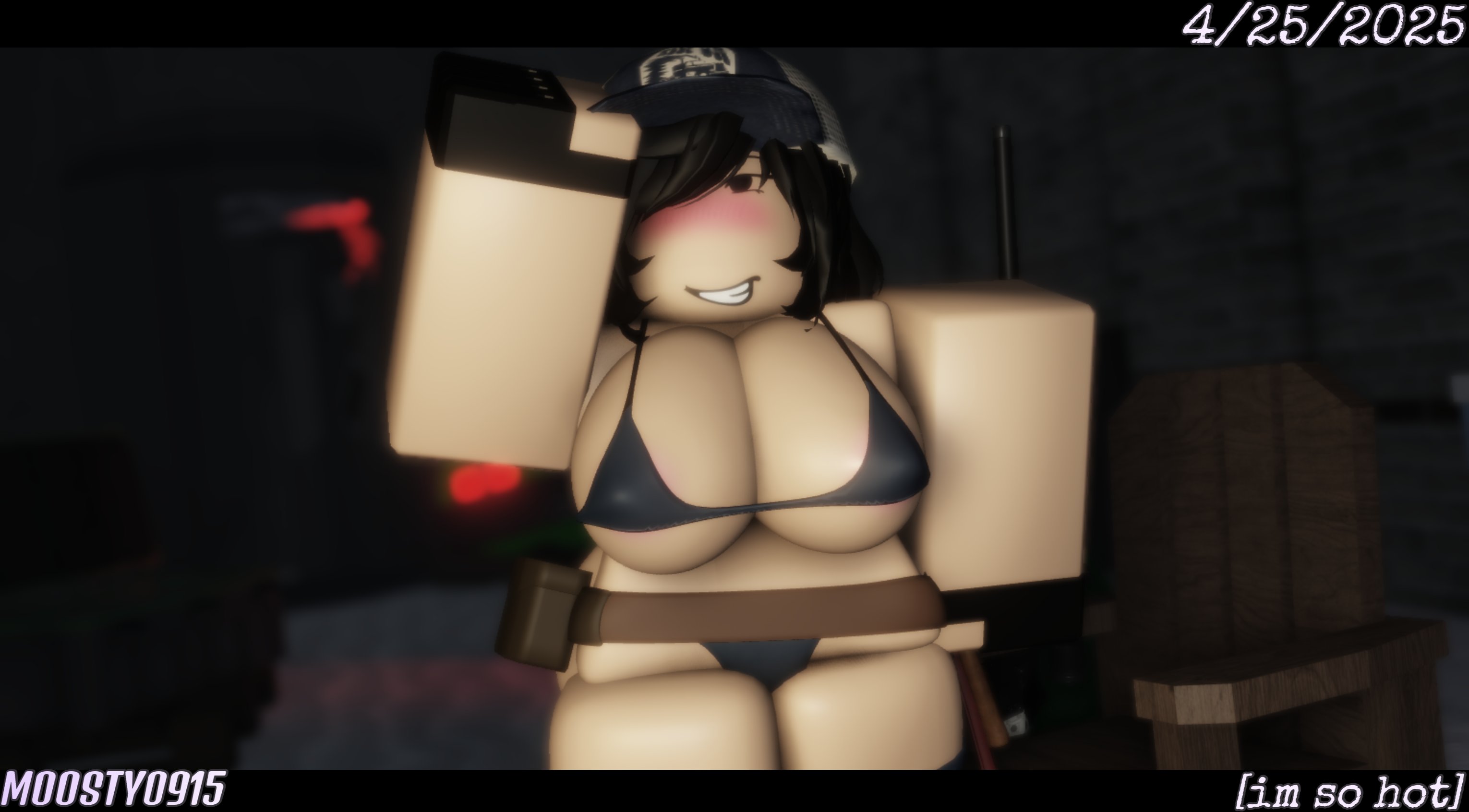 1girls, 2025, 3d, ass, belt, big ass, big breasts, black eyes, black gloves, black hair, black shoes, blue bra, blue panties, blue thighhighs, blush, bra, breasts, brown belt, cap, car, chair, clothed, clothed female, clothing, dated, dead ahead, discord tag, english text, female, female only, fingerless gloves, firearm, gloves, gun, hair covering eye, hand on hat, hat, letterbox, letterboxed, light skin, light-skinned female, looking at viewer, moosty, no pants, no shirt, official alternate costume, one eye covered, one eye obstructed, outdoors, pale skin, pale-skinned female, panties, polina (dead ahead), pouch, roblox, robloxian, shoes, short hair, smile, sniper, sniper rifle, snow, solo, standing, text, thick thighs, thighhighs, thighs, trucker hat, vehicle, weapon