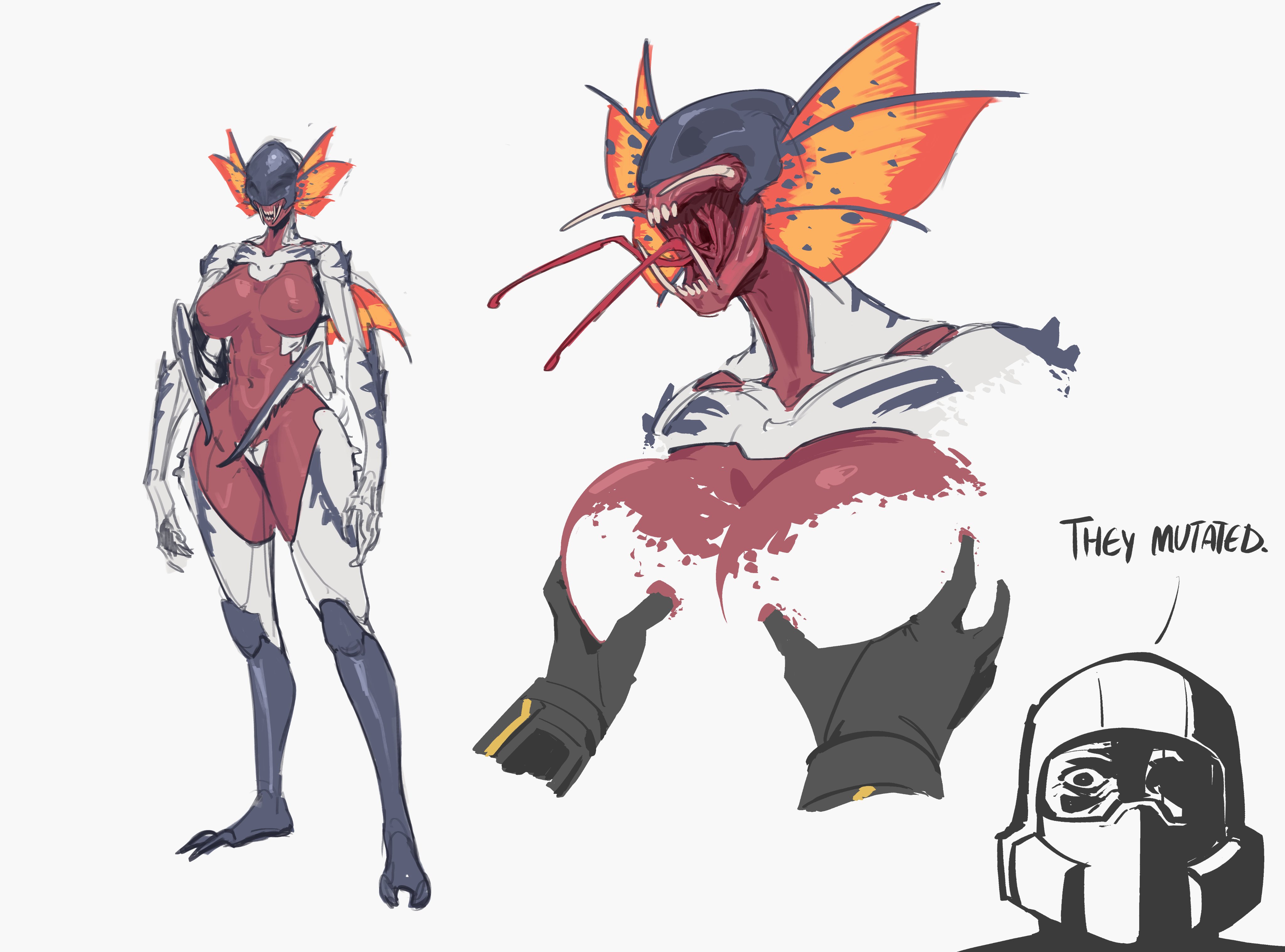 anthro, arthropod, big breasts, breasts, dankwoll, female, helldivers, helldivers 2, huge breasts, insect humanoid, insectoid, long tongue, monster, orange body, sharp teeth, stalker (helldivers), terminid, thick thighs, tongue, tongue out