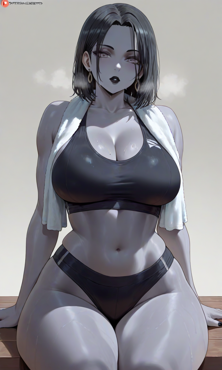ai generated, ass, big breasts, bigbizarts, breasts, curvaceous, curvy, curvy figure, female, goth girl, grey eyes, grey skin, kaida (bigbizarts), original character, panties, sports bra, sweaty body, thick ass, thick thighs, wide hips