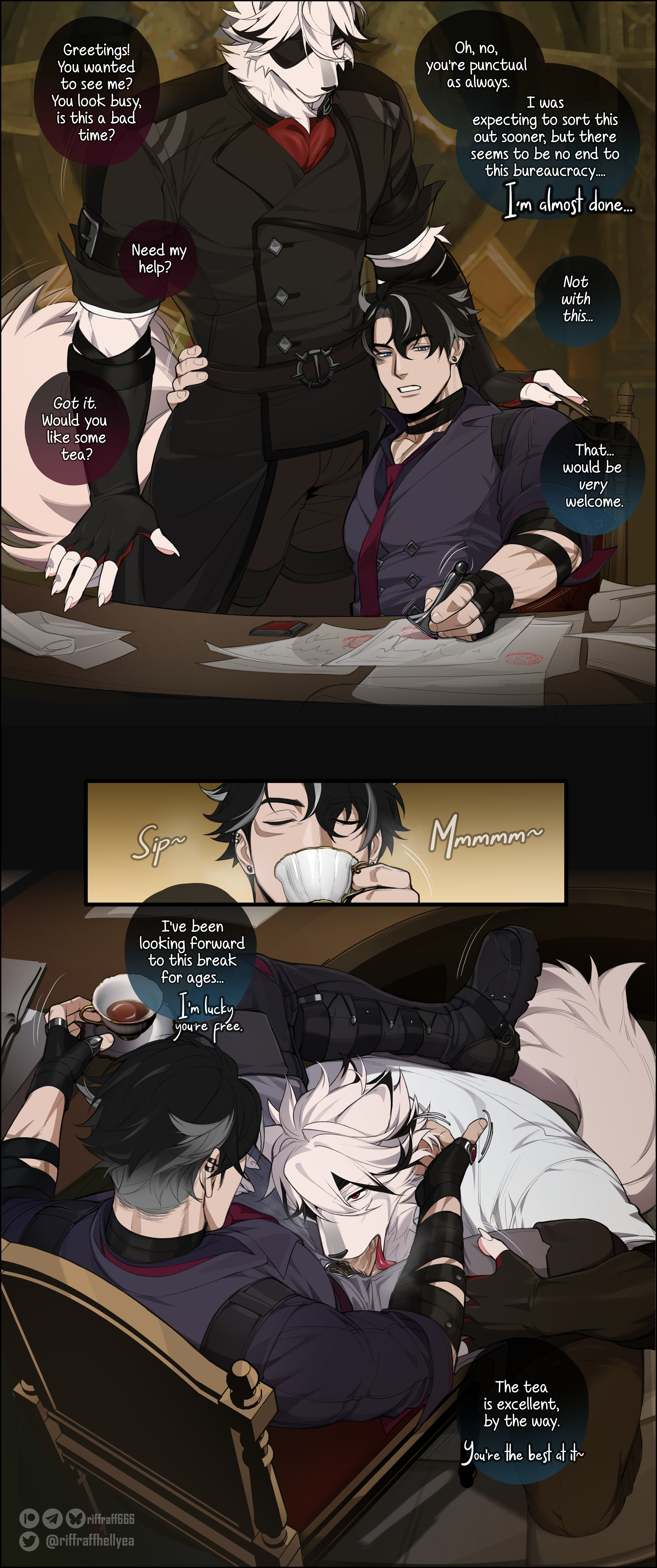 2boys, anthro, blowjob, boner, clothed, clothed sex, crossover, english text, erection, eyepatch, fellatio, gay, gay male, genshin impact, leg over partner's shoulder, leg over shoulder, male, male only, male/male, mihoyo, mihoyo technology (shanghai) co. ltd., riffraff, riffraffhellyea, service top, tagme, under the table, von lycaon, wolf, wriothesley (genshin impact), yaoi, zenless zone zero