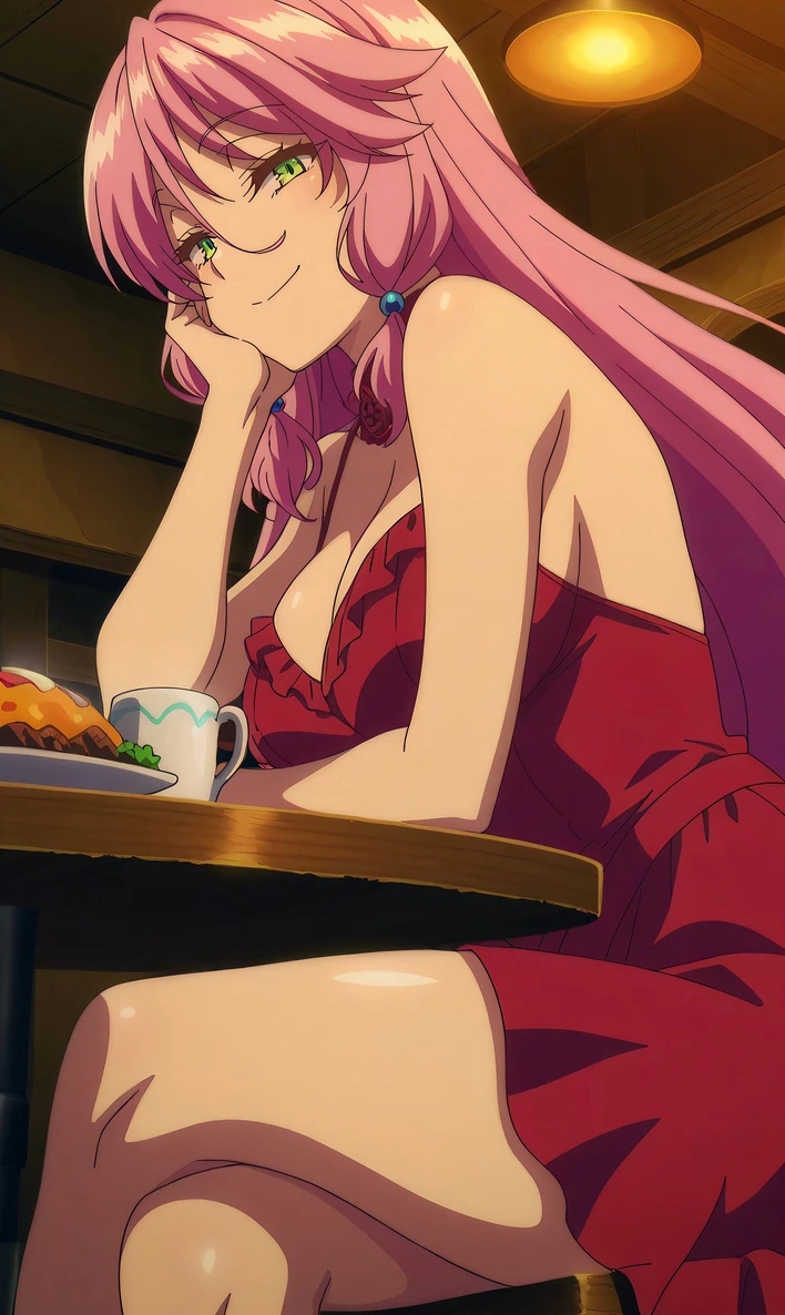 ai generated, date, female, female only, flare arlgrande jioral, food, kaifuku jutsushi no yarinaoshi, night, pixiv, red dress, redo of healer, smirk, smirking, waiting for sex