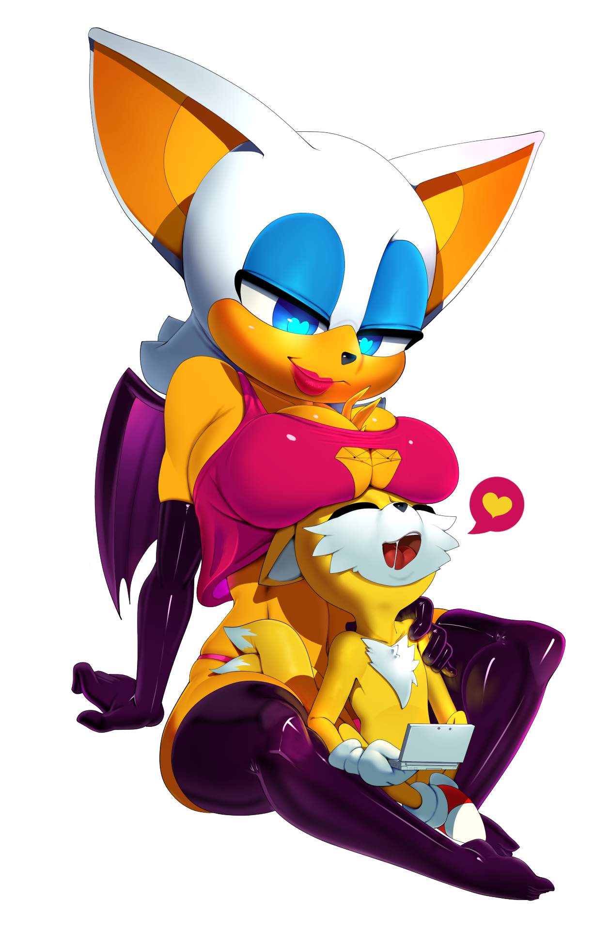 1boy, 1girls, 2d, anthro, bat, boob window, breasts, breasts on head, canine, female, fox, game boy, heart, heart-shaped pupils, hi res, male, nintendo ds, older female, rouge the bat, sitting between legs, size difference, smiling at partner, sonic (series), sonic the hedgehog (series), stripper heels, tails, tails the fox, theboogie, thighhighs