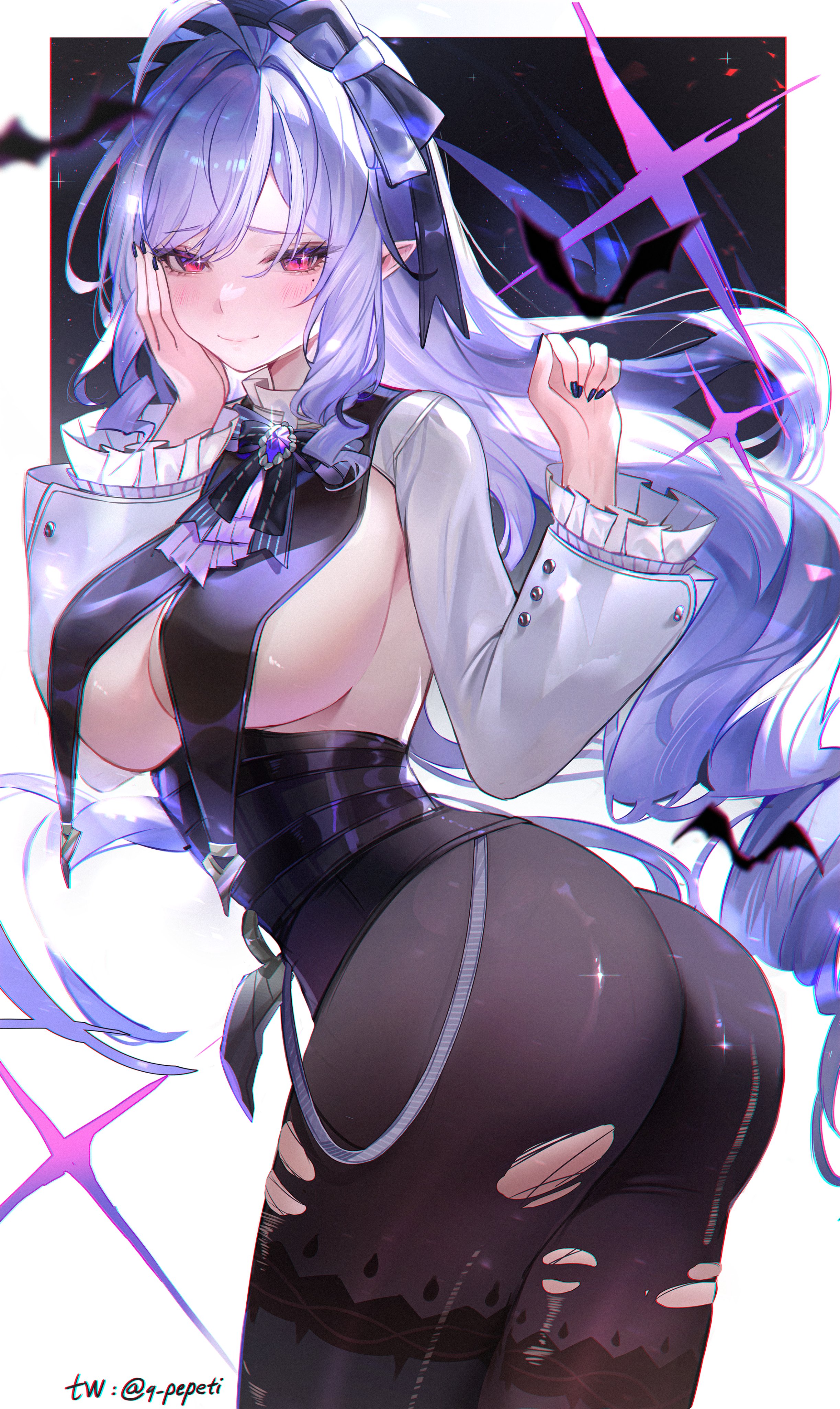 absurdres, ass, black nails, black pantyhose, blush, breast curtains, breasts, female, from side, hand on own cheek, hand on own face, highres, large breasts, long hair, mole, mole under eye, pantyhose, pepeti q, purple hair, red eyes, shrug (clothing), solo, torn clothes, torn pantyhose, twitter username, very long hair, vivian (zenless zone zero), vivian banshee, zenless zone zero