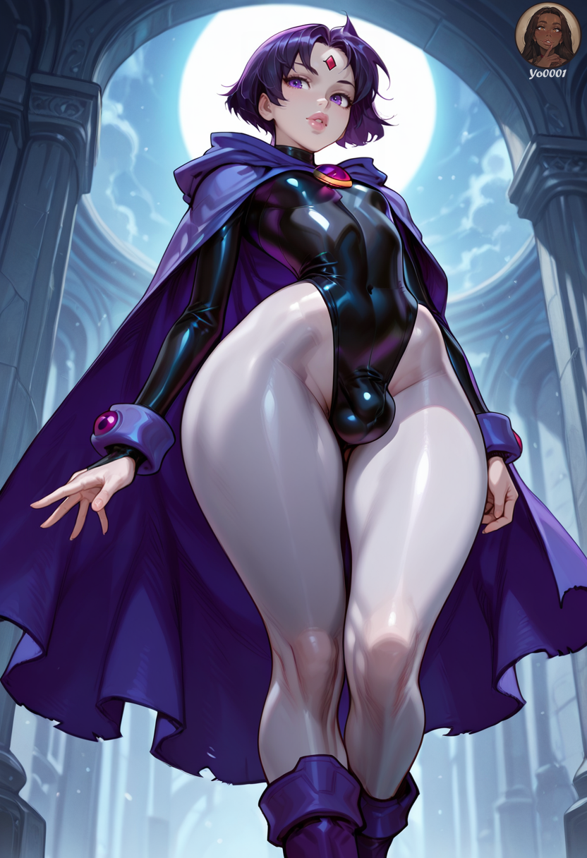 1boy, ai generated, bulge, bulge through clothing, crossdressing, femboy, genderswap, genderswap (ftm), grey skin, leotard, male, male raven, raven (dc), rule 63, solo, tagme, teen titans, wide hips, yo0001