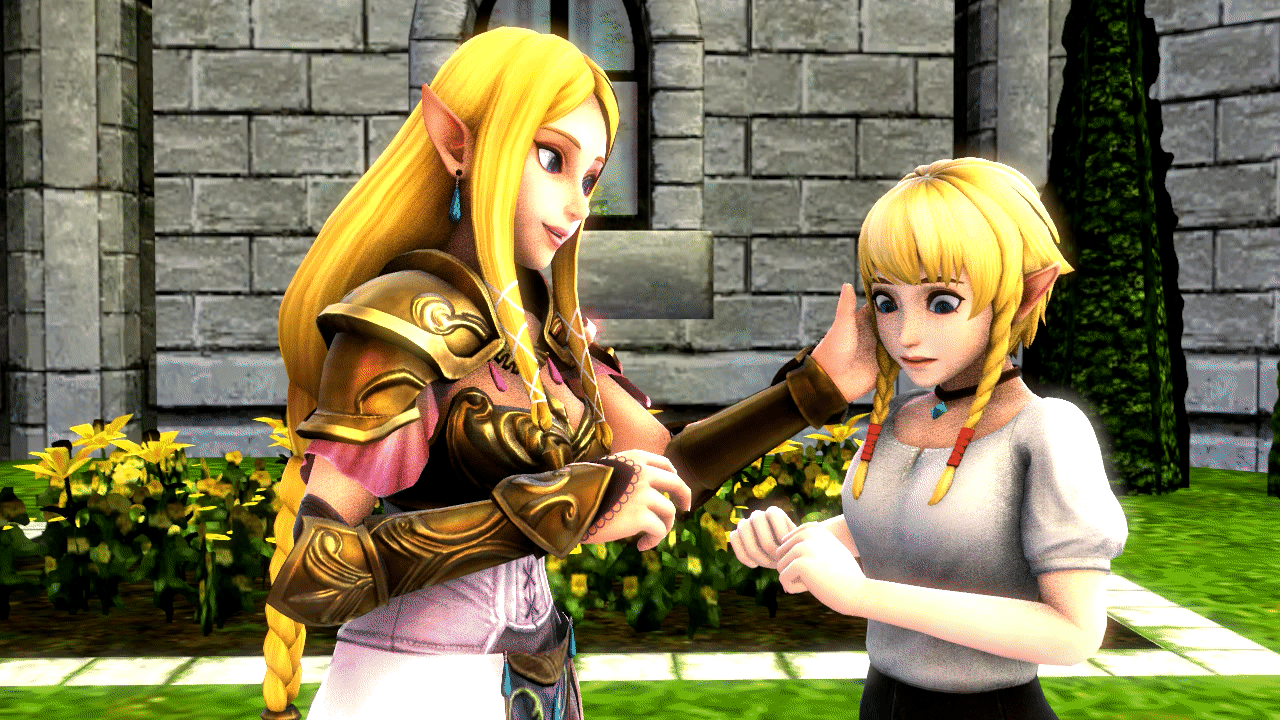16:9, 2girls, 3d, animated, animated gif, blonde hair, blue eyes, extremely large filesize, female, french kiss, hylian, hyrule warriors, hyrule warriors definitive edition, hyrule warriors legends, kissing, large filesize, linkle, multiple females, multiple girls, nintendo, ocarina of time, pointy ears, princess zelda, source filmmaker, the legend of zelda, yuri, zelda (hyrule warriors)