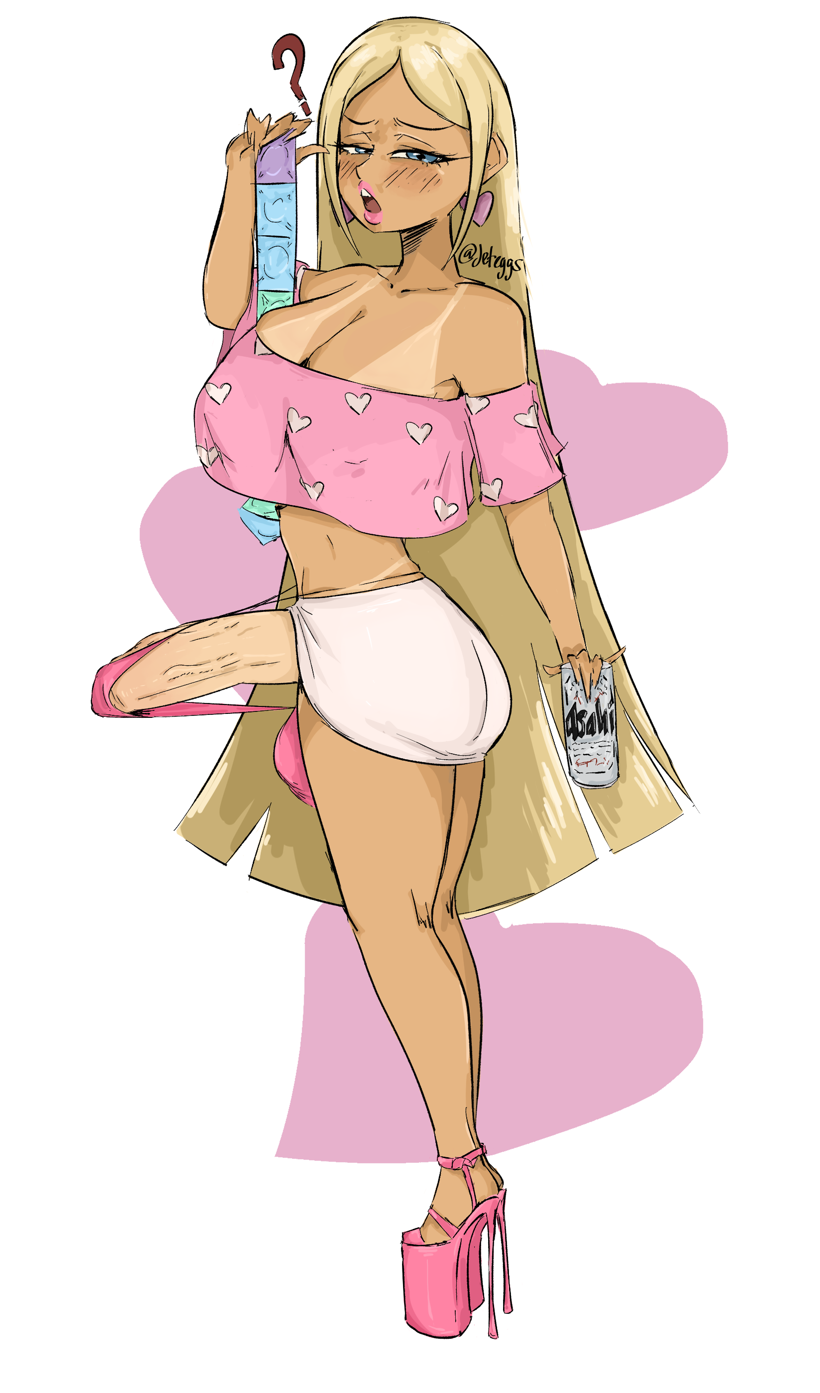 1futa, asahi breweries, beer, bimbo, bimbo body, bimbo futa, blonde female, blonde hair, blush, condoms, crop top, earrings, erection, erection under clothes, female, futa focus, futa only, futanari, high heels, huge cock, intersex, jeteggs, large penis, long hair, looking at viewer, looking back, miniskirt, open mouth, original, original character, panties, penis, pink, pink clothing, pink panties, platform footwear, platform heels, solo, solo focus, solo futa, tanline, very long hair
