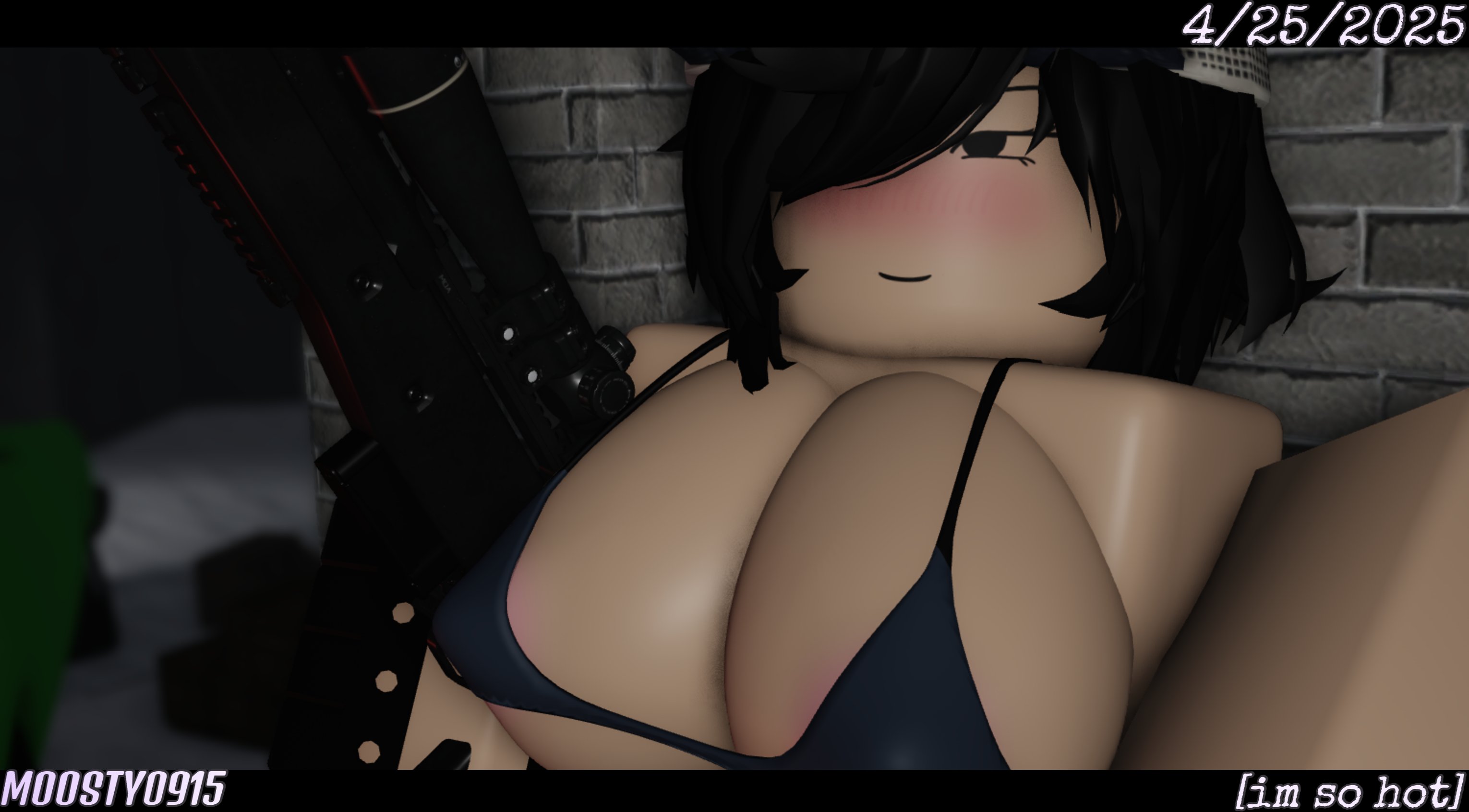 1girls, 2025, 3d, areola slip, areolae, big breasts, black eyes, black gloves, black hair, blue bra, blush, bra, breasts, cap, close-up, clothed, clothed female, clothing, dated, dead ahead, discord tag, english text, female, female only, fingerless gloves, firearm, gloves, gun, hair covering eye, half-closed eyes, hat, holding gun, holding weapon, letterbox, letterboxed, light blush, light skin, light-skinned female, moosty, no shirt, official alternate costume, one eye covered, one eye obstructed, outdoors, pale skin, pale-skinned female, polina (dead ahead), roblox, robloxian, short hair, sitting, smile, sniper, sniper rifle, snow, solo, text, trucker hat, weapon