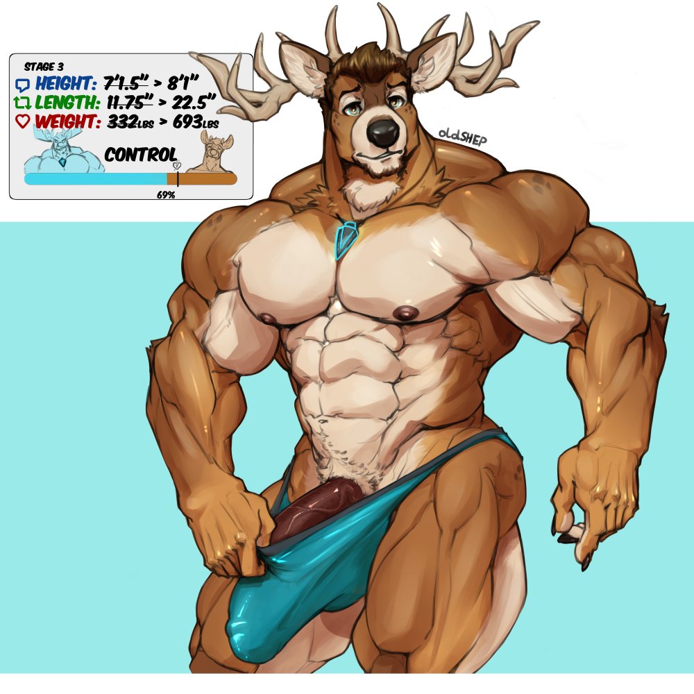 5_fingers abs anthro antlers areola arm_tuft barazoku barely_contained barely_contained_penis beard biceps big_bulge big_muscles big_pecs big_penis biped black_nose blue_background blue_clothing blue_eyes blue_underwear body_size_growth brown_areola brown_beard brown_body brown_eyes brown_facial_hair brown_fur brown_hair brown_nipples brown_penis brown_spots brown_tuft bulge closed_smile clothed clothed_anthro clothed_male clothing countershade_arms countershade_fur countershade_legs countershade_torso countershading deer deltoids detailed_bulge digital_drawing_(artwork) digital_media_(artwork) elbow_tuft english_text erection expansion eyebrows facial_hair fingers fur genital_expansion genital_outline genitals glowing glowing_jewelry glowing_necklace growth hair holding_clothing holding_object holding_underwear horn huge_bulge huge_cock huge_muscles humanoid_hands imperial_unit inner_ear_fluff jewelry male male_anthro mammal manly markings measurements mouth_closed multicolored_body multicolored_eyes multicolored_fur muscle_growth muscular muscular_anthro muscular_male navel necklace nipples number oldshep pecs penis penis_expansion penis_outline portrait pubes quads sam_(oldshep) serratus shaded signature simple_background size_transformation smile solo spots spotted_body spotted_fur standing tan_body tan_countershading tan_fur tan_inner_ear tan_pubes tenting text three-quarter_portrait three-quarter_view topless topless_anthro topless_male transformation trapezius triceps tuft underwear underwear_only vein veiny_muscles veiny_penis white_background