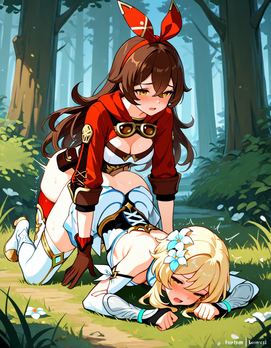 ai generated, amber (genshin impact), defeated, doggy style, dominant, forest, futanari, genshin impact, intersex, lumine (genshin impact), sexy