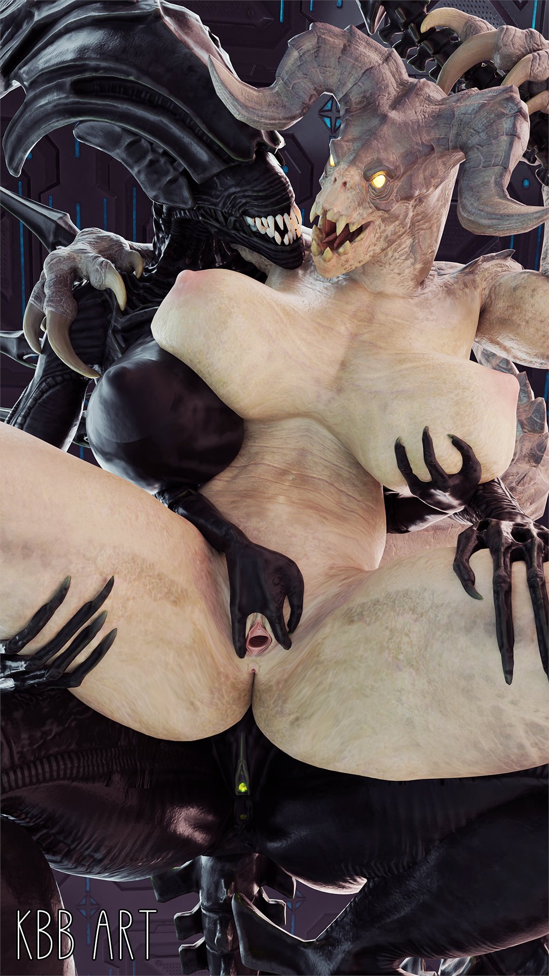 2girls, 3d, alien (franchise), alien girl, alien humanoid, big breasts, breasts, crossover, deathclaw, earless, exoskeleton, eyebrowless, fallout, female, female deathclaw, female only, female xenomorph, huge breasts, kingbigballs, lipless, pussy, xenomorph, xenomorph queen, xenomorph tail