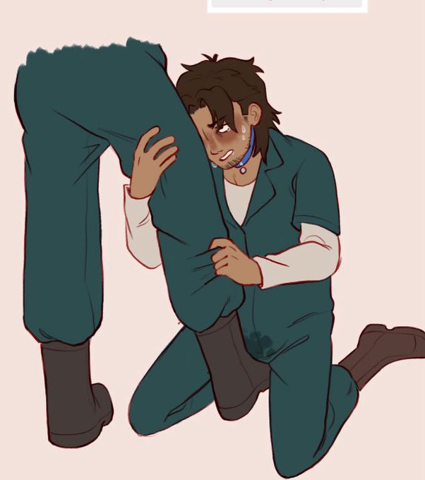 boots, brown hair, brown-haired male, clinging, collar, cum through clothes, cum through clothing, curly (mouthwashing), desperation, gay, grabbing leg, holding leg, humping leg, jimmy (mouthwashing), looking up, looking up at partner, male, mouthwashing, mouthwashing (game), stupidpup, sweating, sweating male