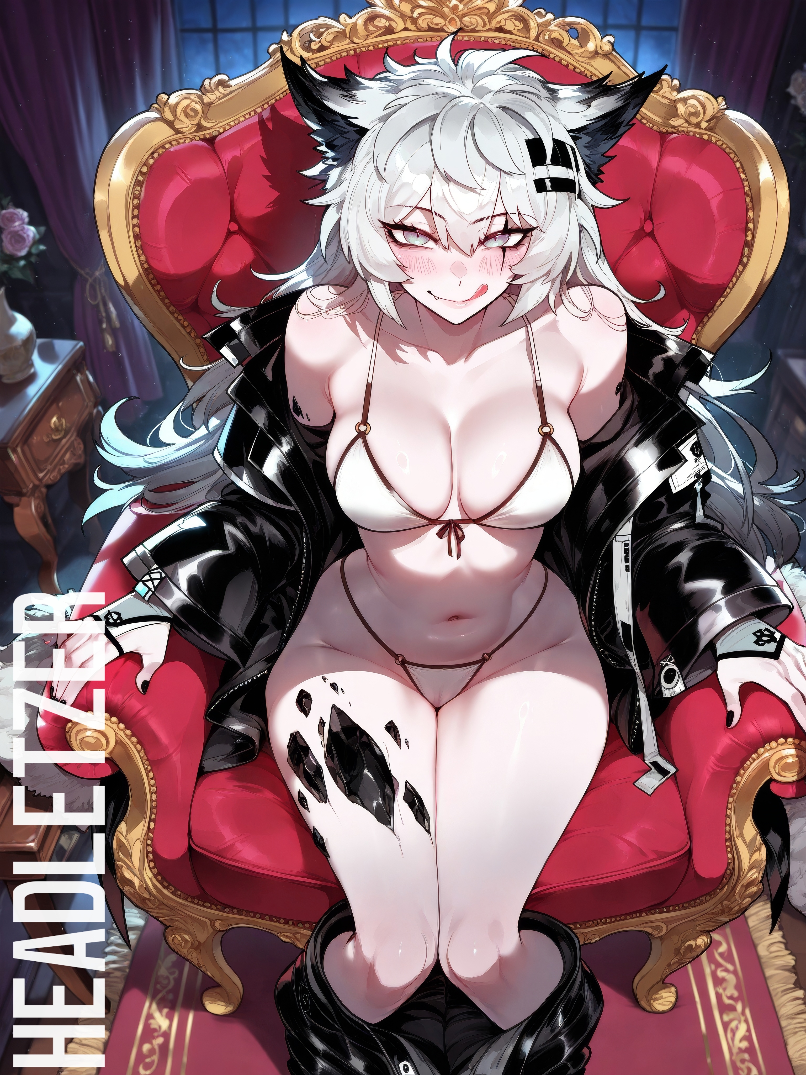 ai assisted, ai generated, arknights, bikini, female, headletzer, indoors, lappland (arknights), licking lips, looking at viewer, oerba yun fang, sitting, tagme, undressing