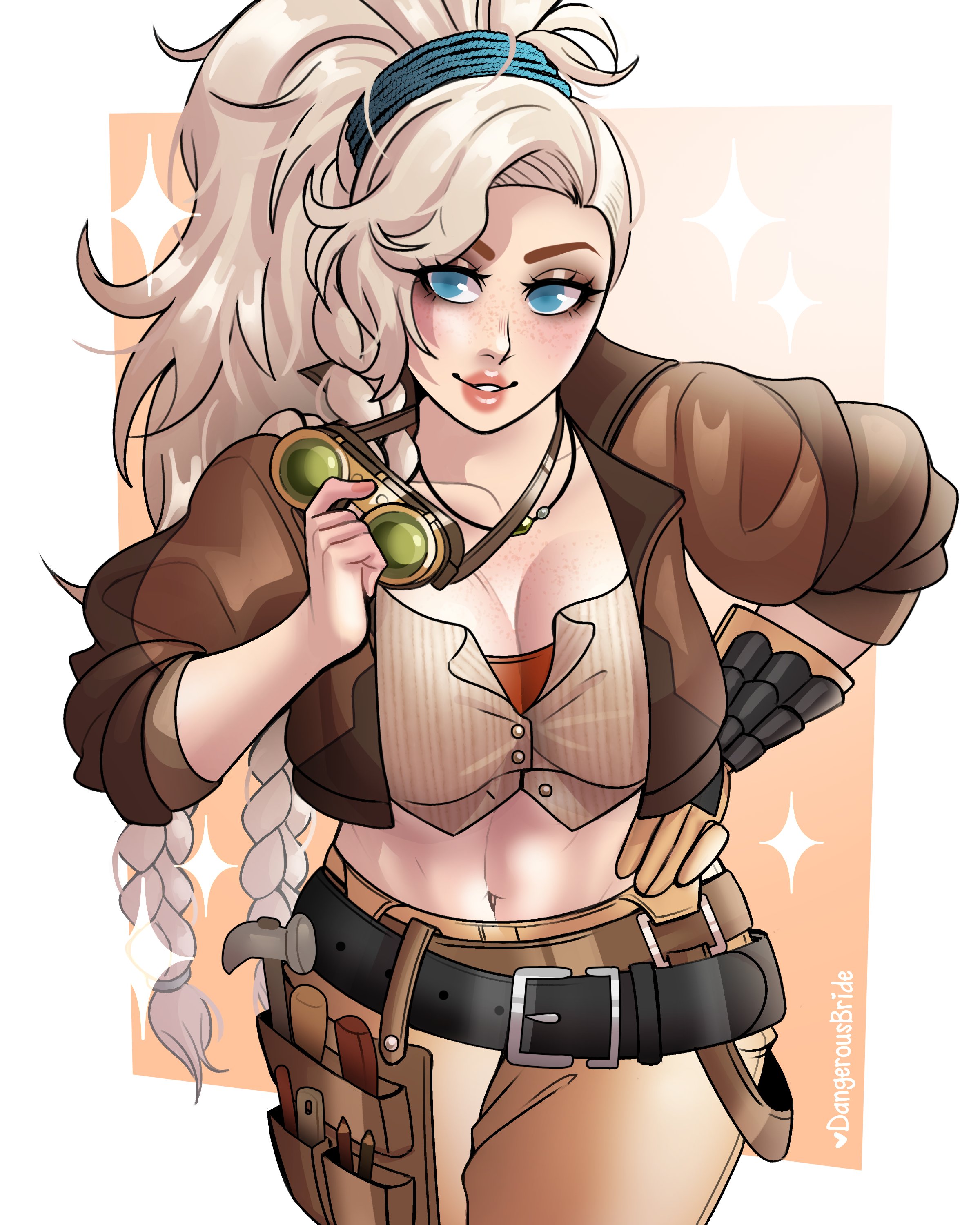 1girls, blonde hair, blue eyes, braided hair, capcom, dangerousbride, female, female only, freckles, gemma (monster hunter wilds), long hair, looking at viewer, monster hunter, monster hunter wilds, smiling, smiling at viewer, solo, sparkles, tied hair, very high resolution