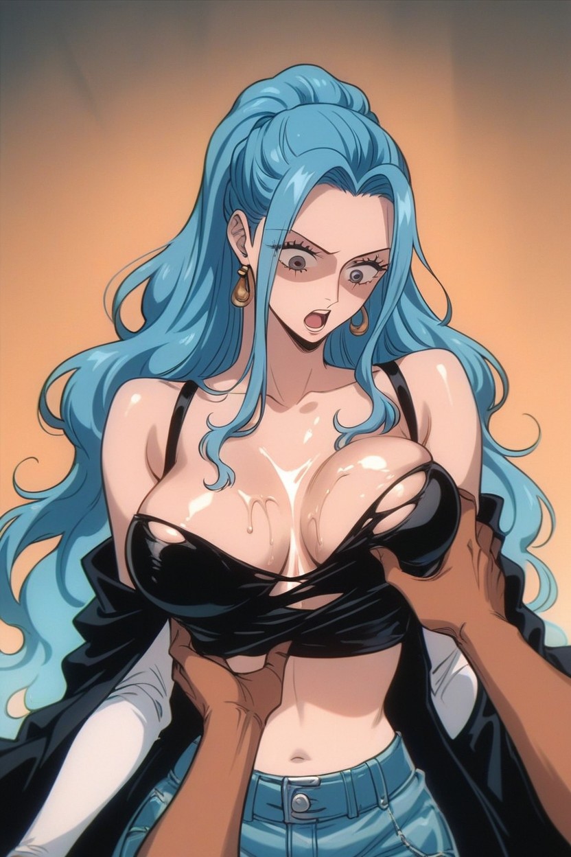 ai_generated big_breasts blue_eyes blue_hair breasts earrings faprunner78 fondling fondling_breast groping groping_breasts hips jeans long_hair looking_at_own_breasts natural_breasts nefertari_vivi oiled oiled_breasts oiled_skin one_piece open_mouth partially_clothed slim_girl slim_waist surprised surprised_expression torn_clothes waist wide_hips