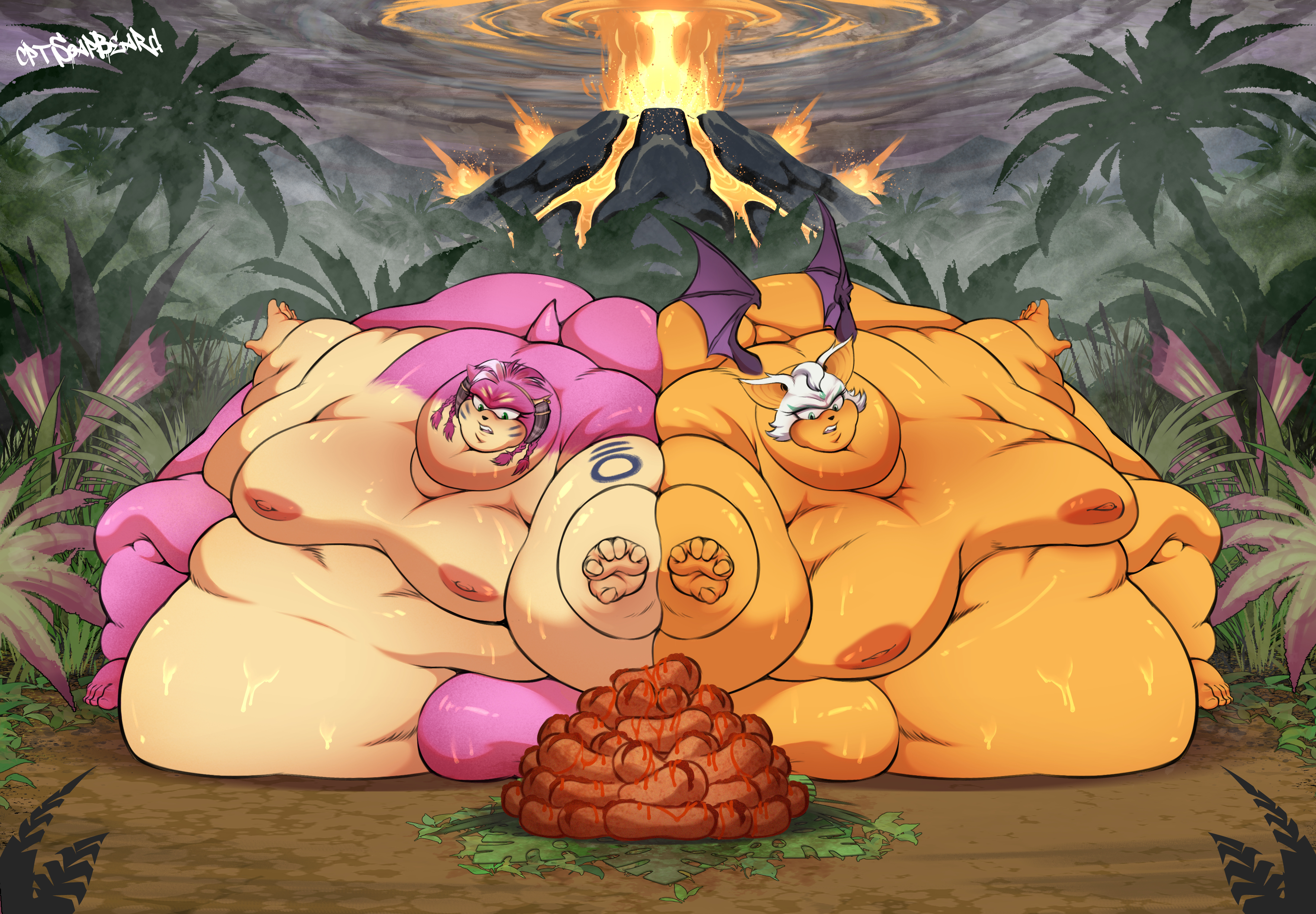 2girls, amy rose, bat, blob, breasts, captainsoapbeard, chili dog, fat, fat belly, fat breasts, fat everything, fat face, fat feet, fat fetish, fat hands, female, hedgehog, huge belly, huge breasts, jungle, mobian (species), mobian bat, mobian hedgehog, morbidly obese, naked, naked female, neck rolls, pile of food, pink fur, pink quills, prim rouge, ridiculously fat, rouge the bat, sega, sonic (series), sonic prime, sonic the hedgehog (series), sweaty, thorn rose, volcanic eruption, volcano, white fur
