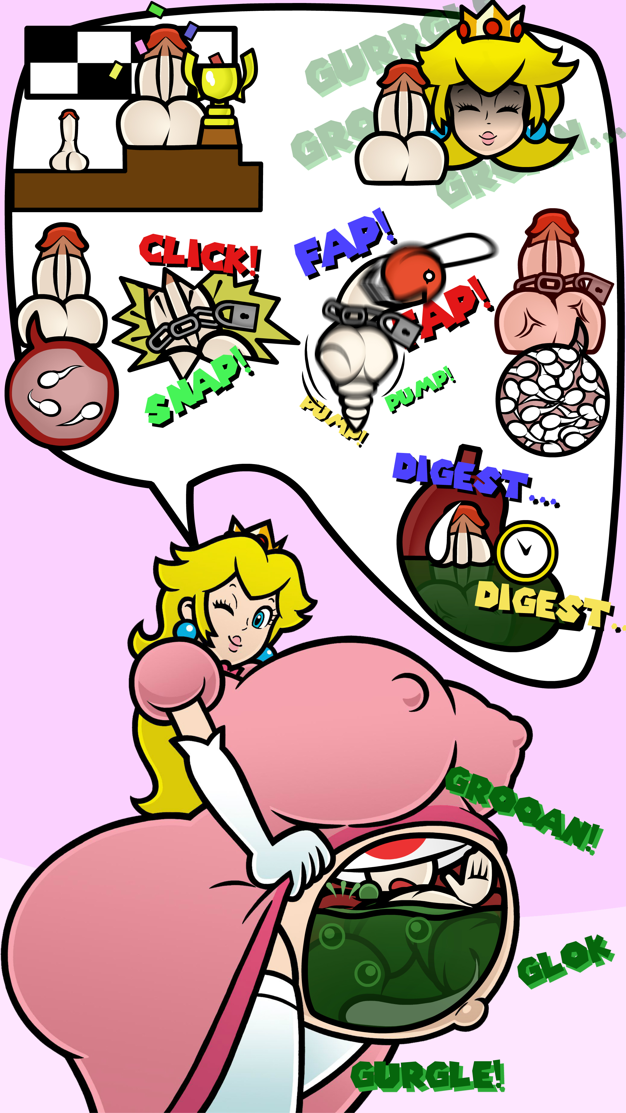 ass, balls, belly, big ass, big balls, big belly, big breasts, blonde female, blonde hair, breasts, cartoony, digestion, edit, female, female pred, ffsiwli (artist), fungus-man, huge ass, huge breasts, huge cock, male, male prey, mario (series), oral vore, penis, princess peach, vore