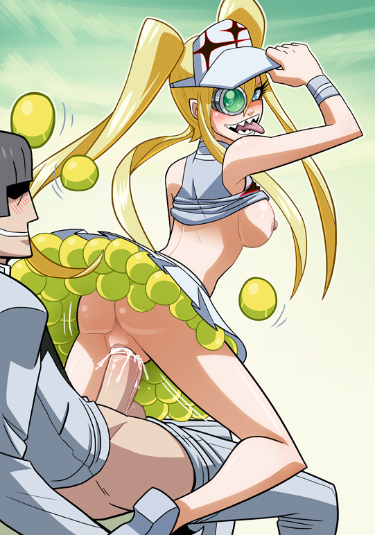 1boy 1girls armpits artist_request ass ball balls bare_legs bare_shoulders blonde blue_eyes blush bracelet breasts breasts_out cum cum_in_pussy cum_inside female hakodate_omiko hat heels kill_la_kill legs long_hair looking_at_viewer looking_back male medium_breasts miniskirt nipples open_mouth penis pussy sex sharp_teeth shiny shiny_skin simple_background sitting_on_person smile sport sports straight teeth tennis tied_hair tongue tongue_out twintails white_background