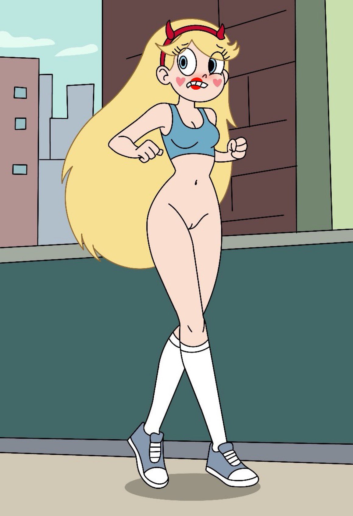 1girls, adult, background, blonde hair, blush, bottomless, bottomless female, breasts, cleavage, disney, embarrassed, female, female only, horn headband, jogging, light blue, lipstick, loudhousemtv, pussy, red headband, solo, solo female, sport shoes, sports bra, star butterfly, star vs the forces of evil, very long hair, white long socks