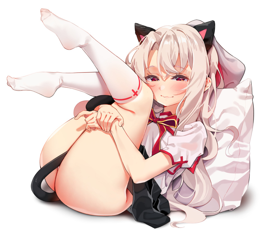 1girls, agnamore, animal ears, ass, ass up, big ass, big butt, blush, breasts, fake animal ears, fake tail, fate (series), fate/hollow ataraxia, fate/kaleid liner prisma illya, fate/stay night, fate/zero, feet, feet up, female, full body, half-closed eyes, holding legs, illyasviel von einzbern, kneehighs, long hair, looking at viewer, pillow, red eyes, simple background, skirt, small breasts, socks, tail, type-moon, white background, white hair