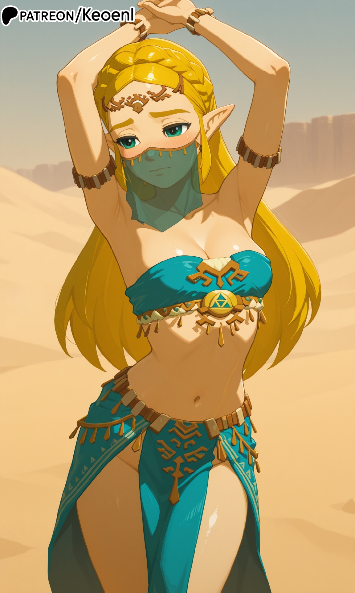 1girls, ai generated, arabian clothes, armpits, arms up, belly, belly dancer, belt, blonde female, blonde hair, blue clothing, blush, bracelet, breasts, breath of the wild, dancing, dessert, earrings, egyptian clothes, elf ears, embarrassed, female, female focus, female only, green eyes, hairpin, hands up, harem outfit, harem pants, hi res, jewelry, keoenl, legs together, light skin, light-skinned female, long hair, looking at viewer, medium breasts, mouth veil, navel, nintendo, no panties, no underwear, patreon, patreon username, pointy ears, princess, princess zelda, the legend of zelda, thighs, veil, waist, wide hips, zelda (breath of the wild)