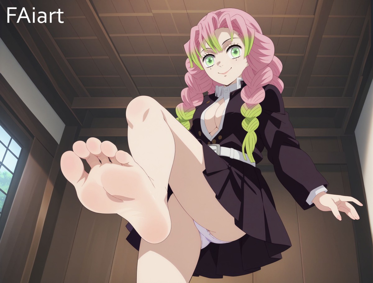 ai generated, barefoot, demon slayer, faiart, female, foot fetish, foot focus, from below, kanroji mitsuri, kimetsu no yaiba, mitsuri kanroji, multicolored hair, pink hair