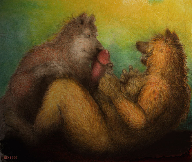 1990s 1999 20th_century anthro bd big_penis canine closed_eyes duo fur gradient_background green_background holding_penis humanoid_penis hyena licking looking_pleasured lying male mammal nude oral pastel_(artwork) pencil_(artwork) penis penis_lick precum sex simple_background slightly_chubby smile teeth tongue tongue_out traditional_media_(artwork) whiskers wolf yaoi