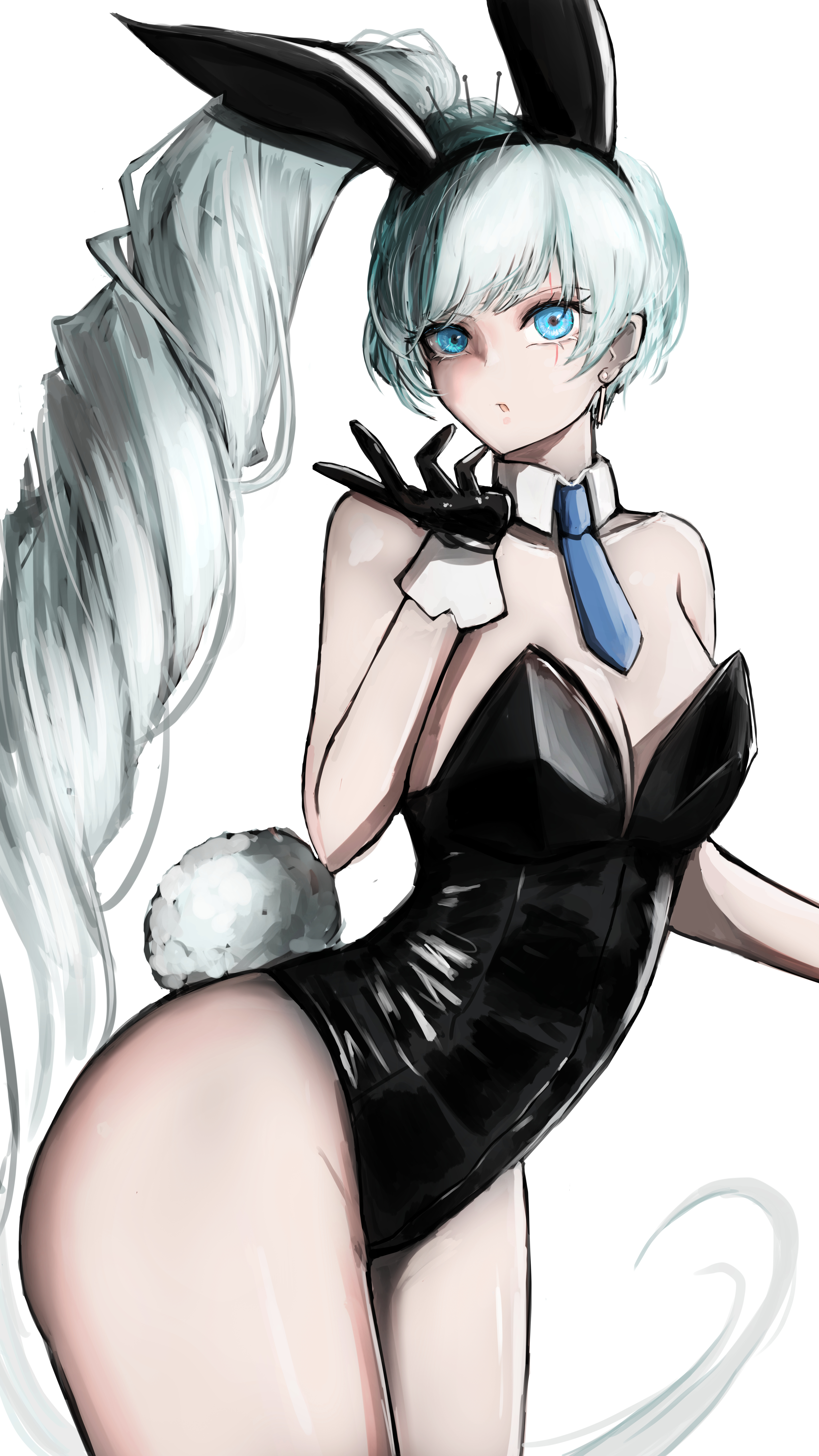 1girls, bare shoulders, blue eyes, bunny ears, bunny tail, bunnysuit, earrings, eye scar, female, gloves, long hair, ponytail, raki rl, rwby, scar, solo, solo female, tiara, weiss schnee, white hair