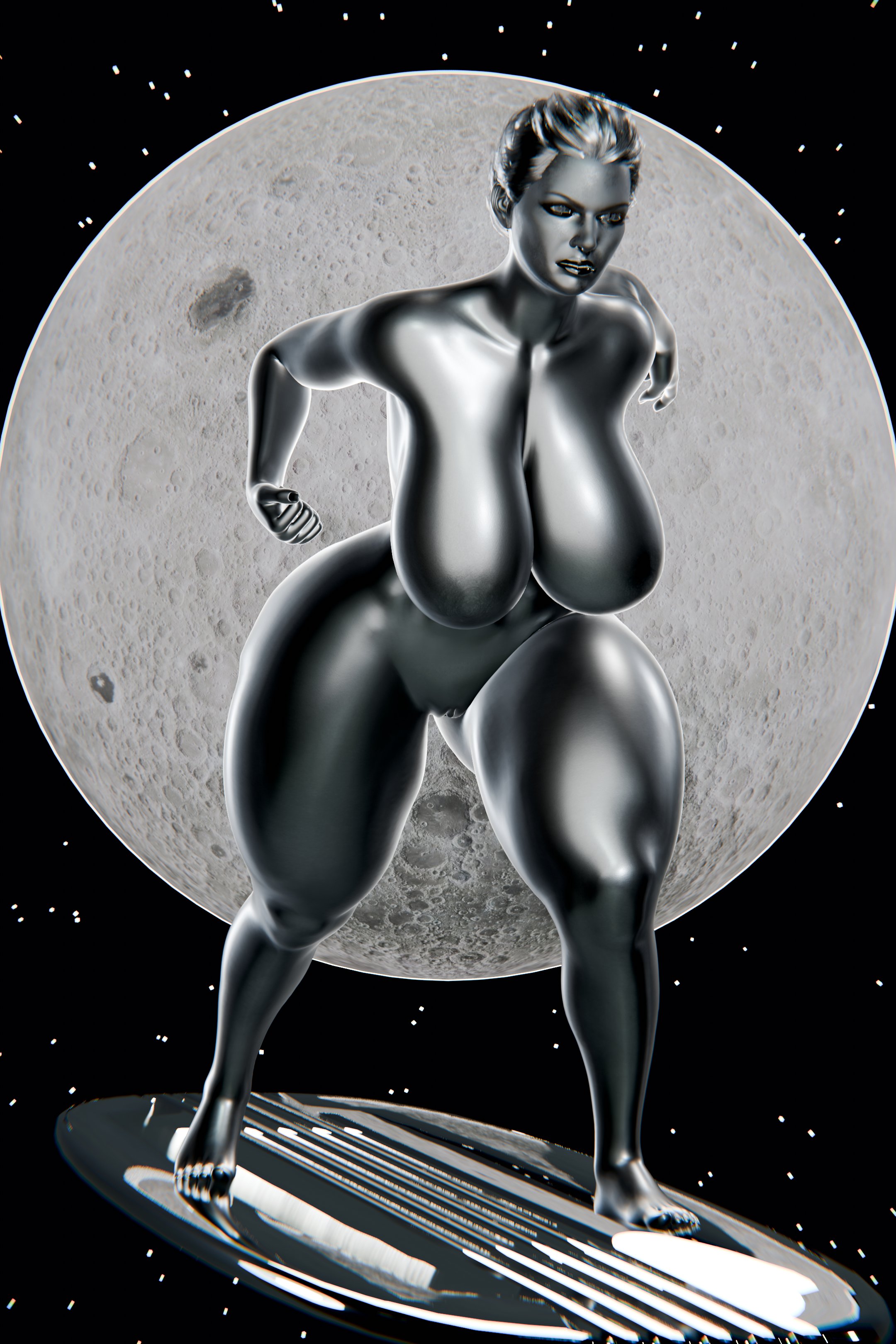 1girls, 3d, alien, alien girl, alien humanoid, alien only, background, barefoot, big breasts, black background, breasts, completely nude, completely nude female, eyeliner, fantastic four, feet, female, female only, front view, full body, grey body, huge breasts, humanoid only, marvel, marvel comics, moon, mrvector 3d, naked, naked female, nude, nude female, pussy, shalla-bal, shiny skin, silver body, silver hair, silver surfer, silver surfer (shalla-bal), solo, solo female, space, standing, surfboard, thick thighs, thighs, toes