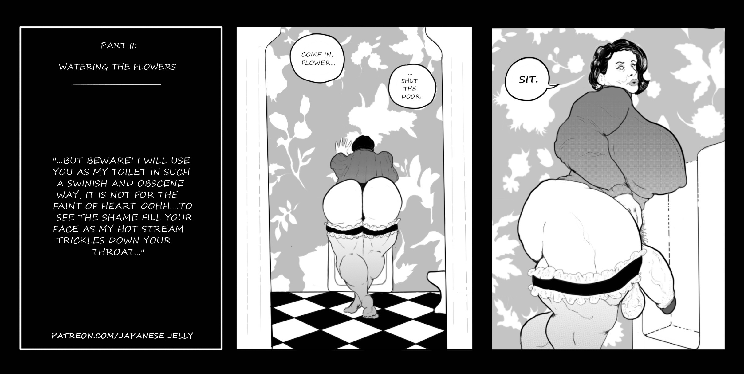 ass, big breasts, breasts, breasts bigger than head, comic, comic strip, dominant, dominant futa, english text, fat ass, futa milf, futa mommy, futadom, futanari, imminent peeing, intersex, japanese jelly, large breasts, legwear, mature, mature body, mature futa, monochrome, peeing, rear view, solo, solo focus, solo futa, stockings, text, thick thighs, urinal, urination