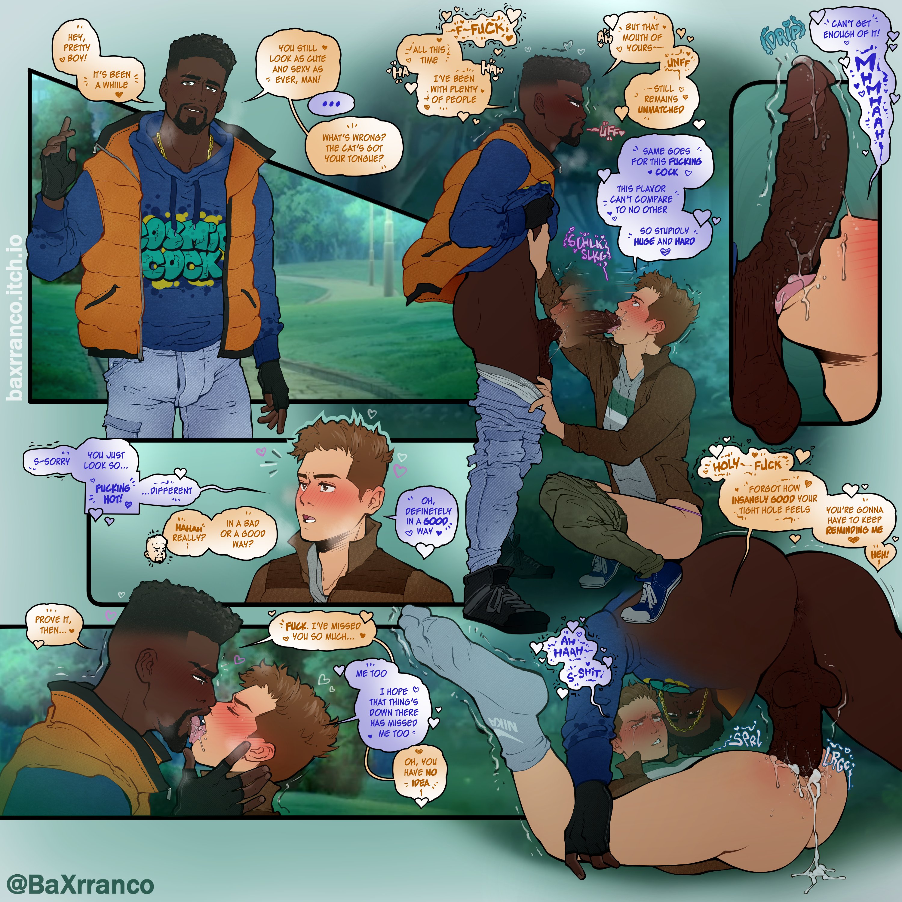 alex walker, ass, baxrranco, big penis, brown skin, bruce (baxrranco), cum, cum in ass, dark penis, dark skin, dark-skinned male, deepthroat, dialogue, english text, foreskin, gay, gay sex, huge cock, human, human male, interracial, kissing, light skin, light-skinned male, male, male/male, outdoors, penis, saliva, saliva trail, sloppy, uncircumcised, very dark skin, yaoi