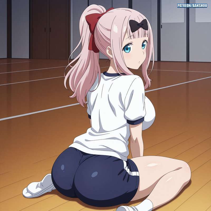 ai generated, ass, banshou, big ass, big breasts, clothed female, female, fujiwara chika, kaguya-sama wa kokurasetai ~tensai-tachi no renai zunousen~, long hair, looking back, outfit, pink hair, schoolgirl, sportswear