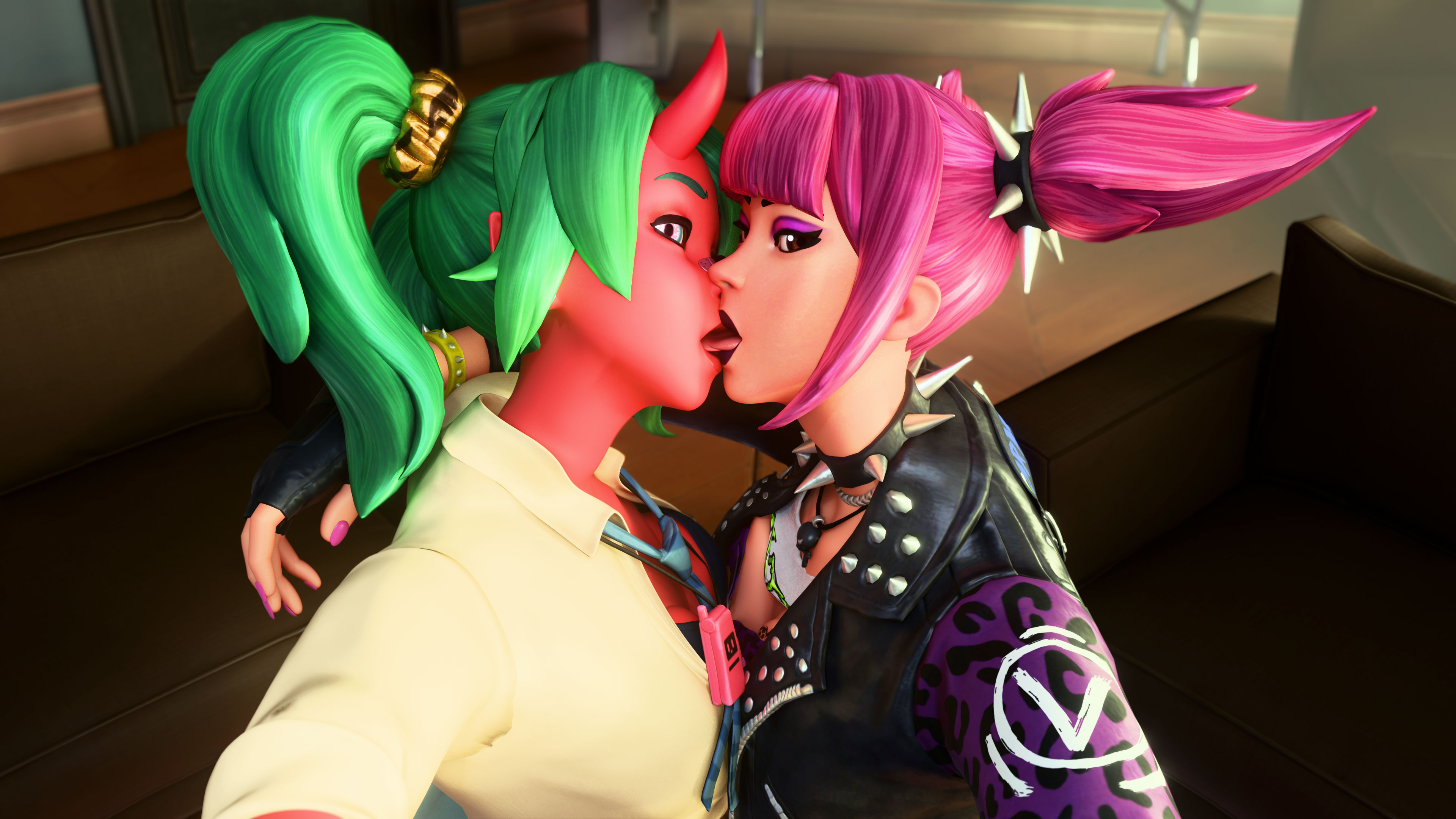 2girls, 3d, 3d (artwork), big breasts, bra, breasts, breasts squeezed together, female, fortnite, girls kissing, green hair, kissing, looking at viewer, macklesternsfw, nemia (fortnite), oni, oni female, oni horns, pink hair, pov, power punk (fortnite), punk, punk girl, red skin, tongue kiss, twintails, yuri