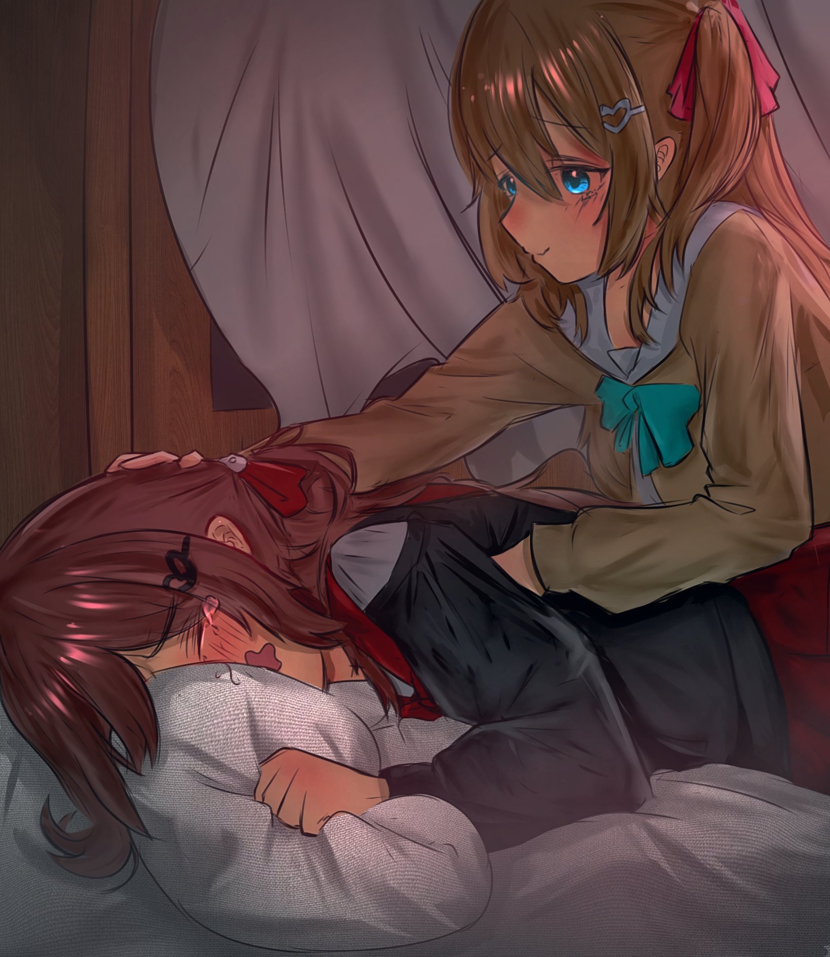 1girls, aged up, blue eyes, blush, bowtie, breasts, clothes pull, comforting, crying, evil neuro, female, female focus, female only, growth, indie virtual youtuber, indie vtuber, legwear, long hair, neuro-sama, red eyes, small breasts, tagme, tears, twintails, twitch, vedal ai, virtual youtuber, vtuber, wholesome