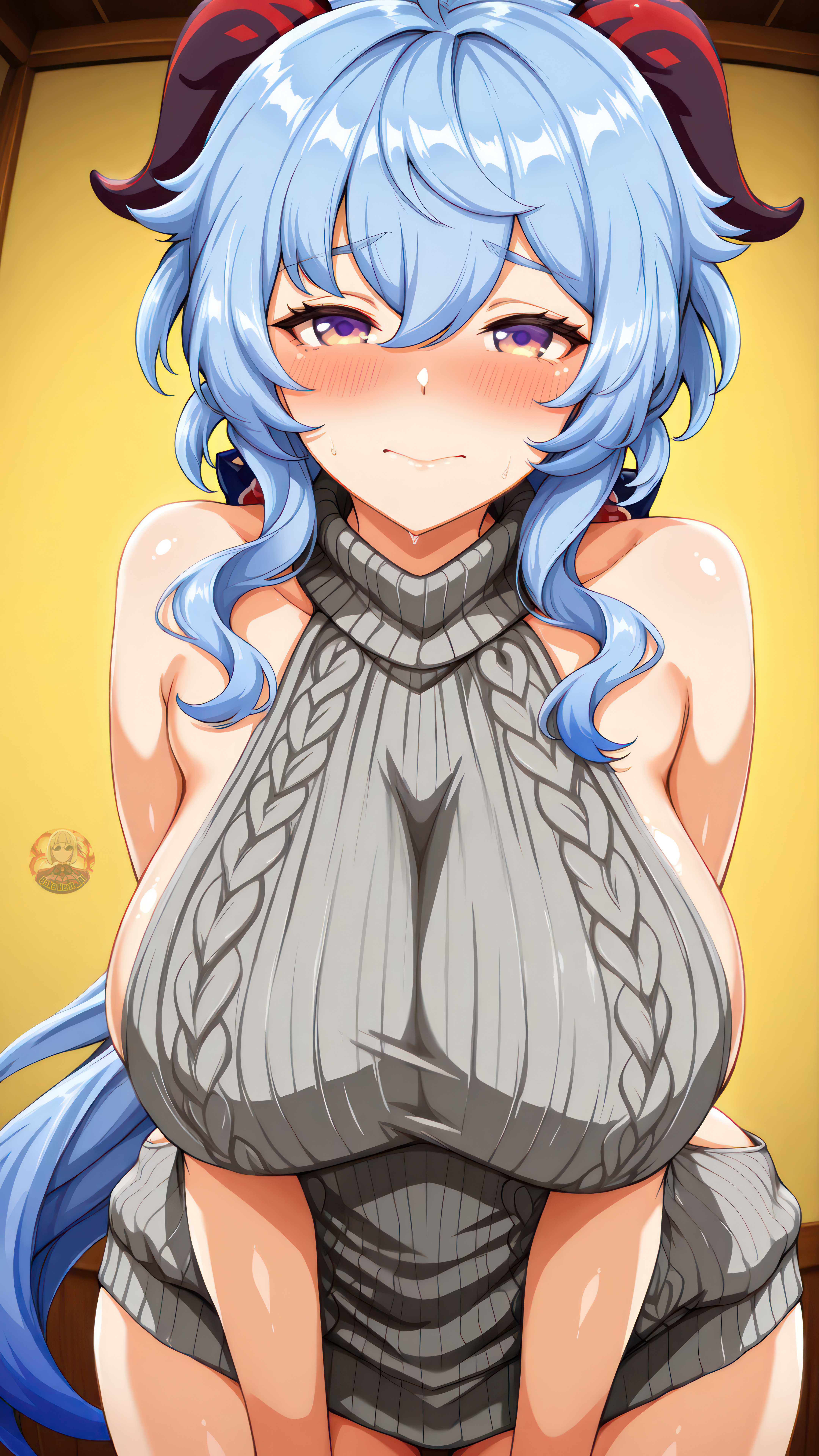 2d, ai generated, baka hentai, bare shoulders, blue hair, blush, blushed face, breasts, female, ganyu (genshin impact), genshin impact, high quality, high resolution, highres, horns, hoyoverse, huge breasts, huge legs, large breasts, legs, light blue hair, looking at viewer, medium hair, mihoyo, multicolored eyes, red horns, shiny skin, tagme, virgin killer sweater, watermark