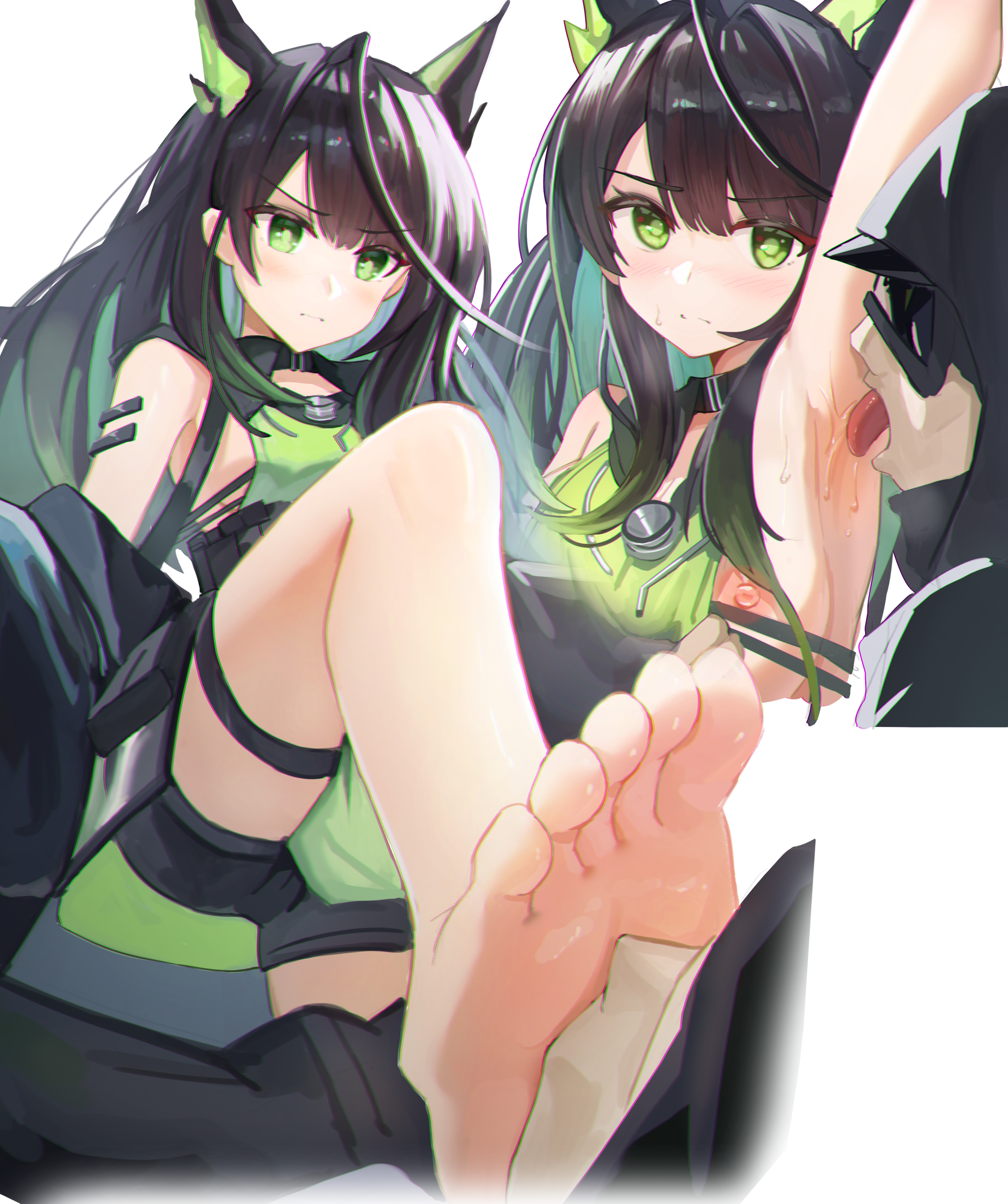 1other, ahoge, ambiguous gender, animal ears, arknights, arm up, armpits, barefoot, black hair, black shorts, blush, breasts, cat ears, closed mouth, doctor (arknights), dress, feet, female, foot focus, foreshortening, green dress, green eyes, green hair, licking, licking armpit, looking at viewer, mask, medium breasts, mon3tr (arknights), multicolored hair, multiple views, nipple slip, nipples, off shoulder, open mouth, saliva, short shorts, shorts, simple background, sleeveless, sleeveless dress, soles, stepped on, stethoscope, sweat, taichi suzuki, thigh strap, toes, tongue, tongue out, two-tone hair