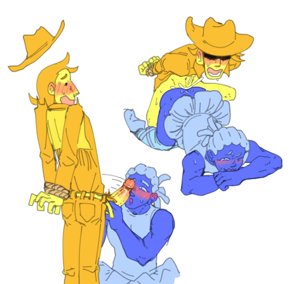 2026, 2boys, anal, anal penetration, anal sex, ballet heels, bare legs, blue (deltarune), blue body, blue skin, blush, blushing, bound, bound arms, bound wrists, canon couple, clothed, clothed male, clothes, clothing, cock slap, color, colored, cowboy, cowboy hat, deltarune, deltarune chapter 5, digital drawing (artwork), digital media (artwork), doggy style, doggystyle, dress, duo, flanfairy, gay, gay anal, gay male, gay sex, half naked, half-dressed, hands tied, male, male only, male penetrated, male penetrating, male penetrating male, male/male, penetration, penile, penile penetration, penis, penis in ass, penis on face, restrained, restrained arms, restraints, sex, shocked, shocked expression, simple background, slapping with penis, surprised, surprised expression, surprised face, tied hands, yaoi, yellow (deltarune), yellow body, yellow skin