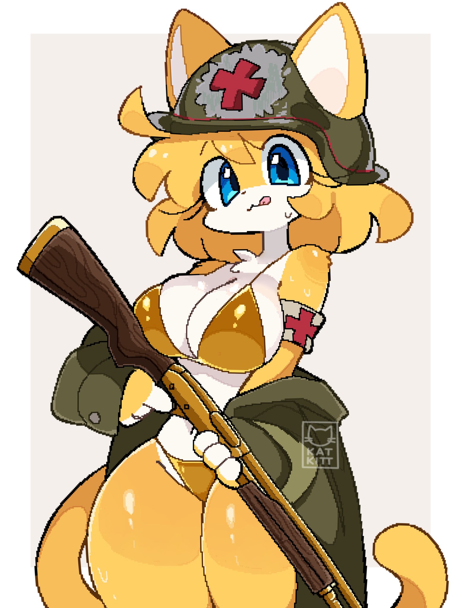 :3, 2025, anthro, bikini, blue eyes, cat ears, cat girl, cat tail, catgirl, digital media (artwork), felid, feline, female, female only, fur, furry, furry female, furry only, golden bikini, golden gun, golden week, gun, hat, helmet, kat kitt, katie (medikitten), medikitten, orange fur, pixel art, tagme, tongue, tongue out