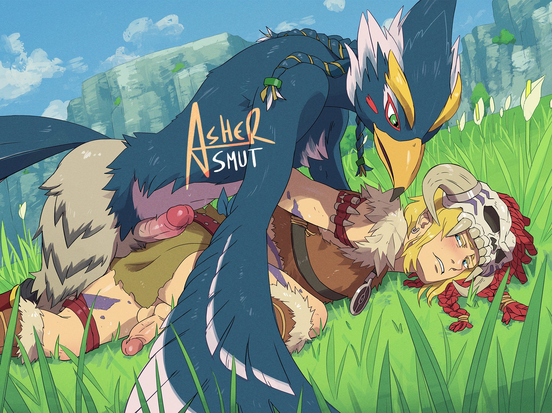anthro, anthro on human, ashersmut, barbarian, beak, before, before anal, before sex, bird, bird feet, bird humanoid, blonde hair, blonde male, blonde-haired male, blue body, blue feathers, blush, bodypaint, breath of the wild, brown feathers, clothed, clothing, erection, feathered wings, feathers, fur trim, gay, grey feathers, humanoid genitalia, humanoid penis, light skin, light-skinned male, link, link (breath of the wild), male, male only, male/male, mostly clothed, mostly clothed male, nintendo, outdoors, painted, penis, pinned, pinned down, pinned to ground, revali, rito, skull, skull hair ornament, tattoo, tattoos, the legend of zelda, white feathers, winged arms, wings, yaoi