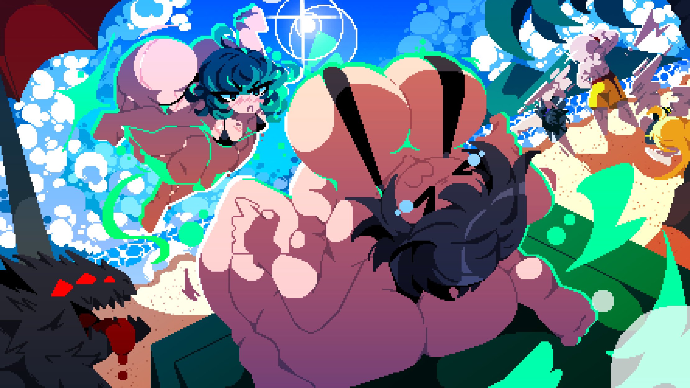 2girls, alternate version available, artist name, beach, bikini, black bikini, blush, breasts, duo, female, fubuki (one-punch man), green background, green eyes, green hair, hips, leg up, male, micro bikini, one-punch man, pixel art, pose, saitama, sisters, sling bikini, sweat, sweating, sweaty thighs, tagme, tamaco, tatsumaki, thick thighs, thighs, wide hips
