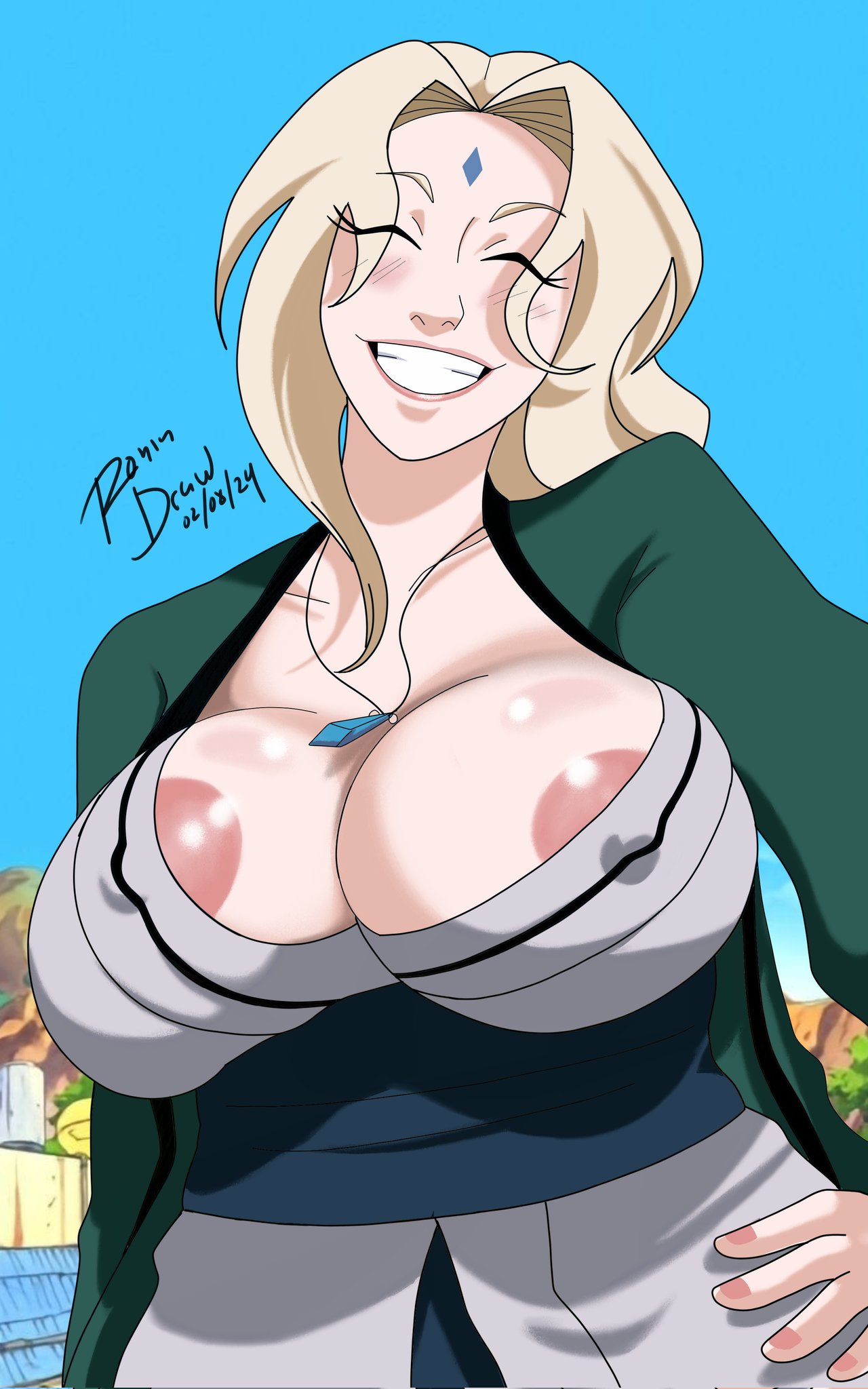 1girls, areola slip, areolae, big breasts, blonde hair, breasts, female, female only, huge breasts, kimono, naruto, naruto (series), ronindraw, solo, tsunade