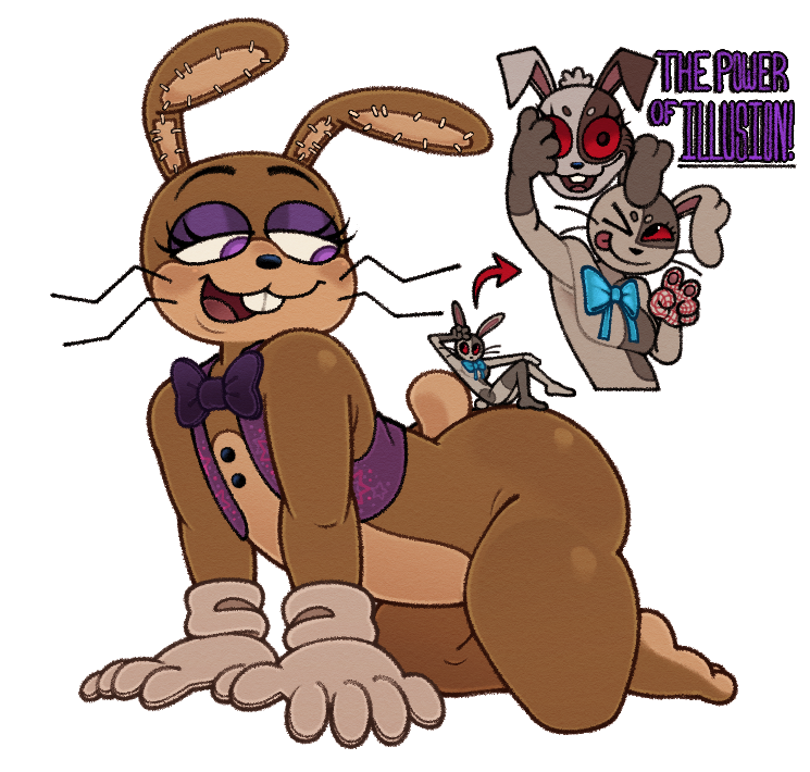 2024 5_fingers all_fours anthro ass blue_bow bottomless bow_tie breasts brown_body brown_eyes bubble_butt buckteeth button_(fastener) close-up clothed clothing digital_media_(artwork) directional_arrow duo english_text eyelashes eyeliner eyeshadow feet female femboy fingers five_nights_at_freddy's five_nights_at_freddy's:_help_wanted five_nights_at_freddy's:_security_breach floppy_ears gesture glitchtrap gloves grey_body half-closed_eyes hand_gesture handwear lagomorph larger_male leporid looking_at_another looking_back makeup male mammal mascara mascot mascot_costume multicolored_body nanocorpx narrowed_eyes one_eye_closed open_mouth pantsless patchwork_creature purple_bow purple_bow_tie purple_clothing purple_eyes purple_topwear rabbit rabbit_ears red_eyes scut_tail seam_(sewing) short_tail simple_background sitting sitting_on_another size_difference smaller_female soles stitch_(sewing) tail teeth text tongue tongue_out topwear two_tone_body v_sign vanny_(fnaf) vest whiskers white_background white_body white_clothing white_gloves white_handwear wink