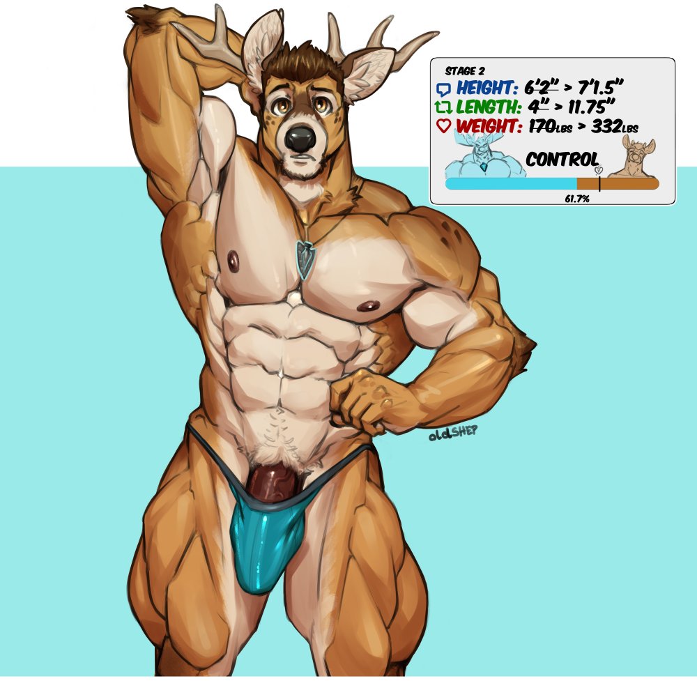 1:1 5_fingers abs anthro antlers areola arm_tuft barazoku beard biceps big_bulge big_muscles biped black_nose blue_background blue_clothing blue_underwear body_size_growth brown_areola brown_beard brown_body brown_eyes brown_facial_hair brown_fur brown_hair brown_nipples brown_penis brown_spots brown_tuft bulge clothed clothed_anthro clothed_male clothing countershade_arms countershade_fur countershade_legs countershade_torso countershading deer deltoids digital_drawing_(artwork) digital_media_(artwork) elbow_tuft english_text expansion eyebrows facial_hair fingers front_view fur genital_expansion genitals glowing glowing_jewelry glowing_necklace growth hair hand_behind_head horn humanoid_hands imperial_unit inner_ear_fluff jewelry looking_at_viewer male male_anthro mammal markings measurements multicolored_body multicolored_fur muscle_growth muscular muscular_anthro muscular_male navel necklace nipples number oldshep pecs penis penis_base penis_expansion portrait pubes quads raised_arm sam_(oldshep) serratus shaded signature simple_background size_transformation solo solo_male spots spotted_body spotted_fur standing tan_body tan_countershading tan_fur tan_inner_ear tan_pubes text three-quarter_portrait topless topless_anthro topless_male transformation trapezius triceps tuft underwear underwear_only vein veiny_penis white_background