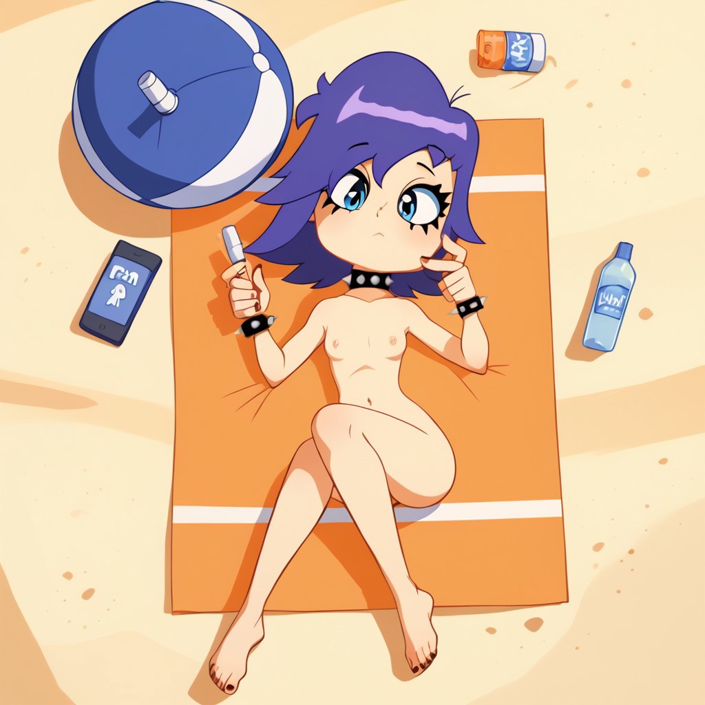 1girls ai_generated balloon beach blue_eyes bottle bracelet cartoon_network cellphone chibi collar female hi_hi_puffy_amiyumi naked nude purple_hair sand spikes towel warner_brothers water yumi_yoshimura