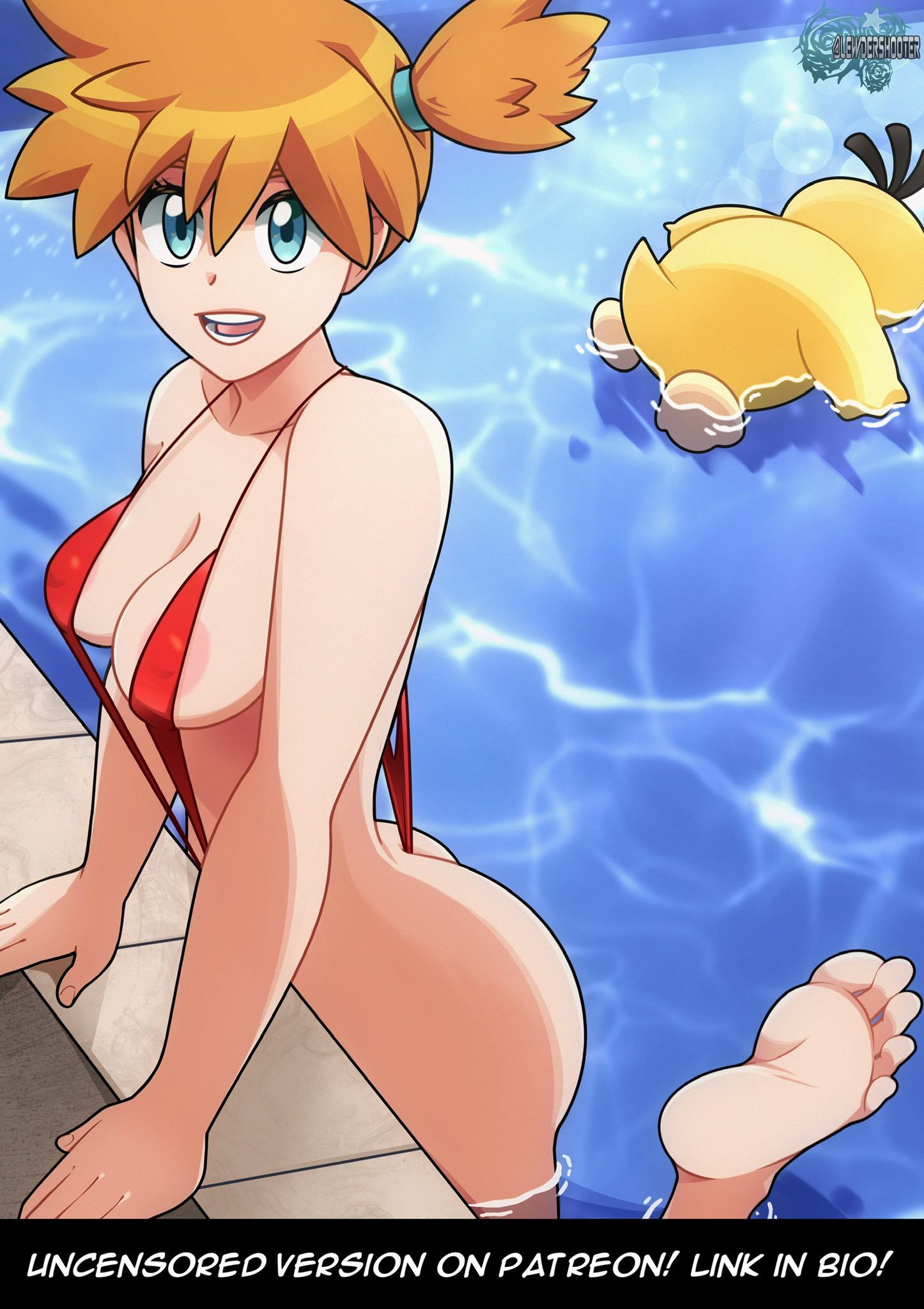 1girls, areola slip, areolae, ass, blue eyes, breasts, cleavage, feet, female, female focus, female only, floating, foot up, game freak, hair, kasumi (pokemon), lewdershooter, looking at viewer, medium breasts, orange hair, pokemon, pokemon (species), pokemon rgby, pool, psyduck, red sling bikini, skimpy, skimpy bikini, sling bikini, swimwear, tied hair, water, when you see it