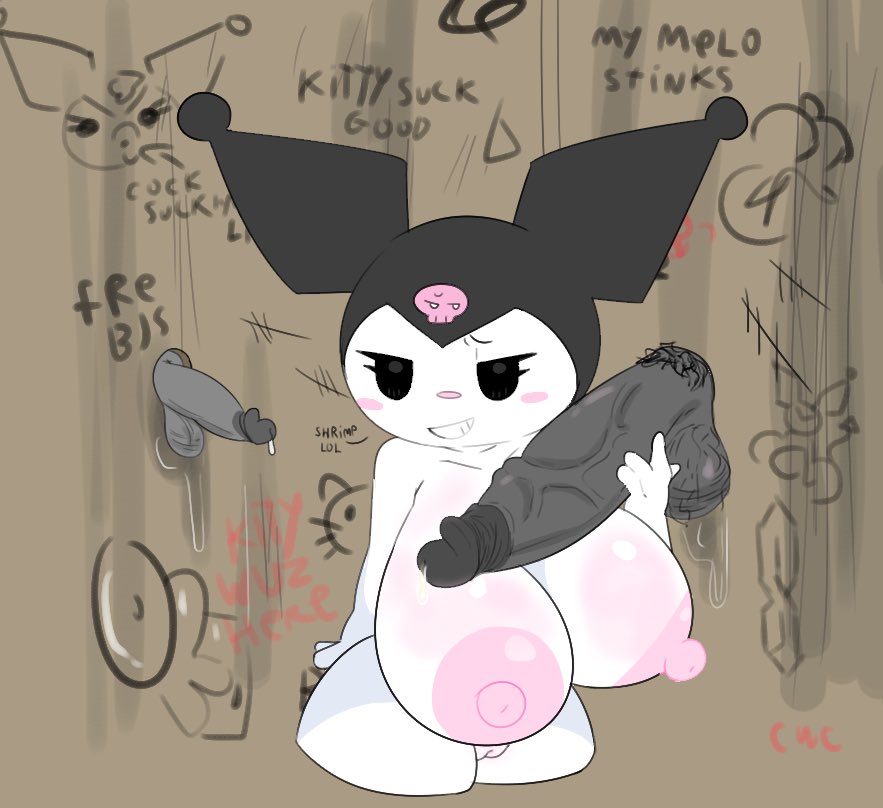 anon anthro areola balls big_balls big_breasts big_penis blush blush_stickers bodily_fluids breasts clothing cum demon female fool's_hat genital_fluids genitals glory_hole graffiti grey_body grey_penis grin group hand_on_penis hat headgear headwear huge_cock human humiliation imminent_sex kuromi lagomorph leaking_cum leporid male mammal nipples nude nude_female onegai_my_melody penis penis_humiliation pubes pussy rabbit sanrio savagensfw small_balls small_penis small_penis_humiliation smile tally_marks trio vein veiny_penis white_body