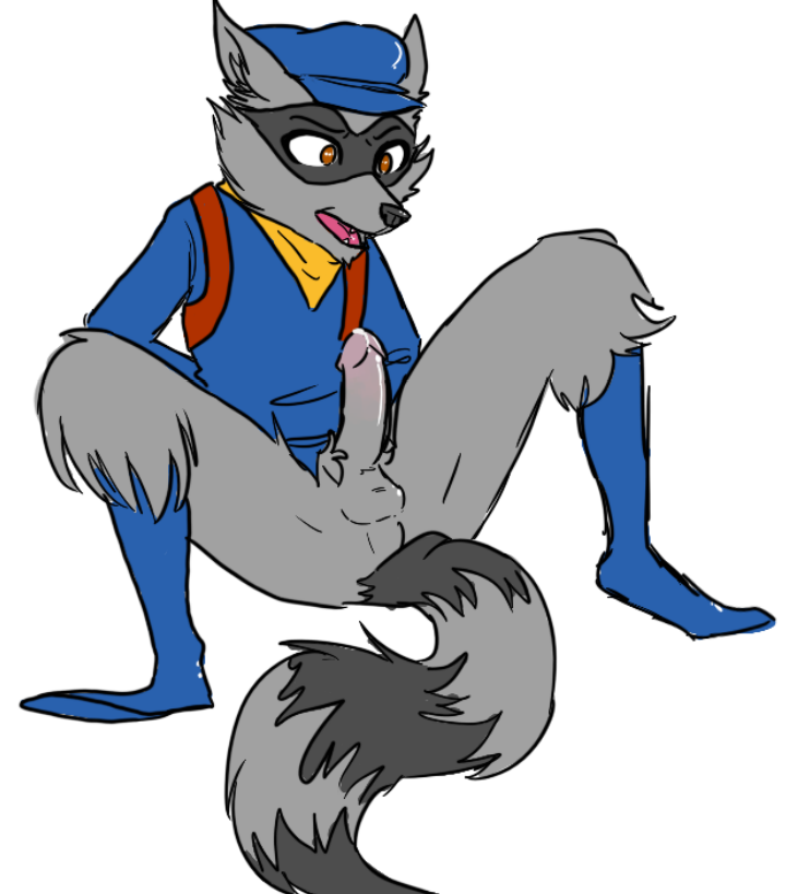 1boy anthro balls bandana boots brown_eyes erection footwear fur furry hands_behind_back hat humanoid_penis maddogfan male male_only mammal mask open_mouth penis precum raccoon simple_background sitting sly_cooper sly_cooper_(series) smooth_fur solo