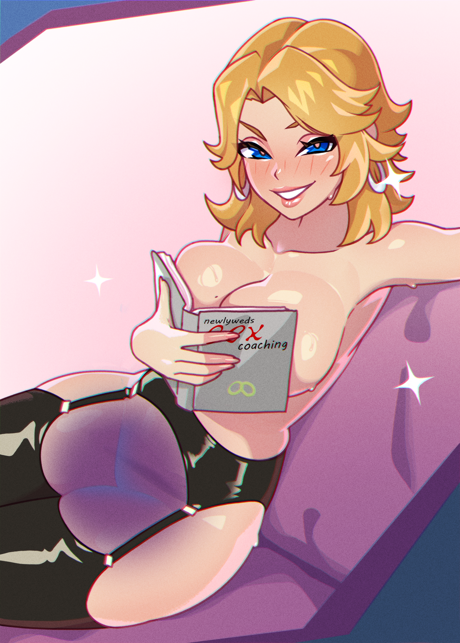 1girls, 2d, big breasts, blonde hair, blue eyes, blue triangles, blush, book, book covering breasts, breasts, cleavage, ear piercing, earrings, female, female only, garter straps, hair, hoop earrings, huge breasts, invisible, invisible woman, invisible woman (marvel rivals), lips, marvel, marvel comics, marvel rivals, mature, mature female, meme, meme reference, milf, mole, mole on breast, ouch meme, short hair, smile, solo, solo female, sue storm, superpowers, sweat, sweatdrop, thighhighs, thighs