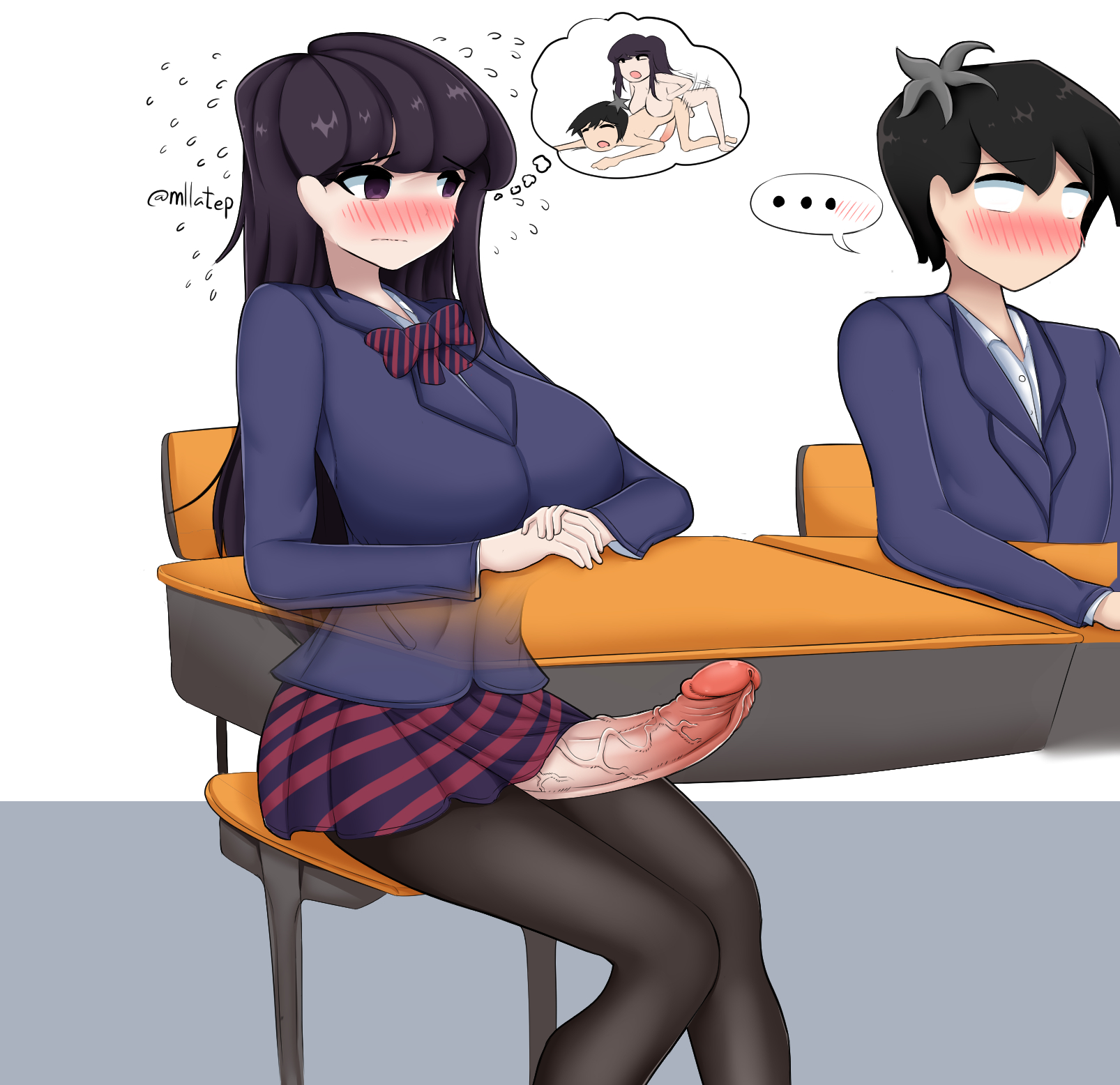1boy, 1futa, areolae, bar censor, big areola, big breasts, big cock, big penis, breasts, censored, clothed, clothing, cock, dark hair, dickgirl, fully clothed, futa on male, futa with male, futanari, huge breasts, huge cock, human, intersex, knees together feet apart, komi shouko, komi-san wa komyushou desu, large areolae, large breasts, large cock, large penis, light skin, light-skinned futa, light-skinned male, long hair, long penis, male, mllatep, mostly clothed, needy, penis, purple hair, short hair, standing, tadano hitohito, throbbing penis, urethra, veiny penis